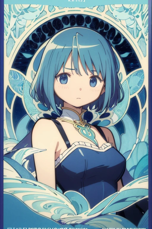 Maximalism,absurdres,masterpiece, best quality, a game Tarot style card (art nouveau:1.5), (zentangle:1.3), BREAK one girl, (card background is (water background:1.3), looking viewer, clear face, purity, blue hair, blue and white theme,