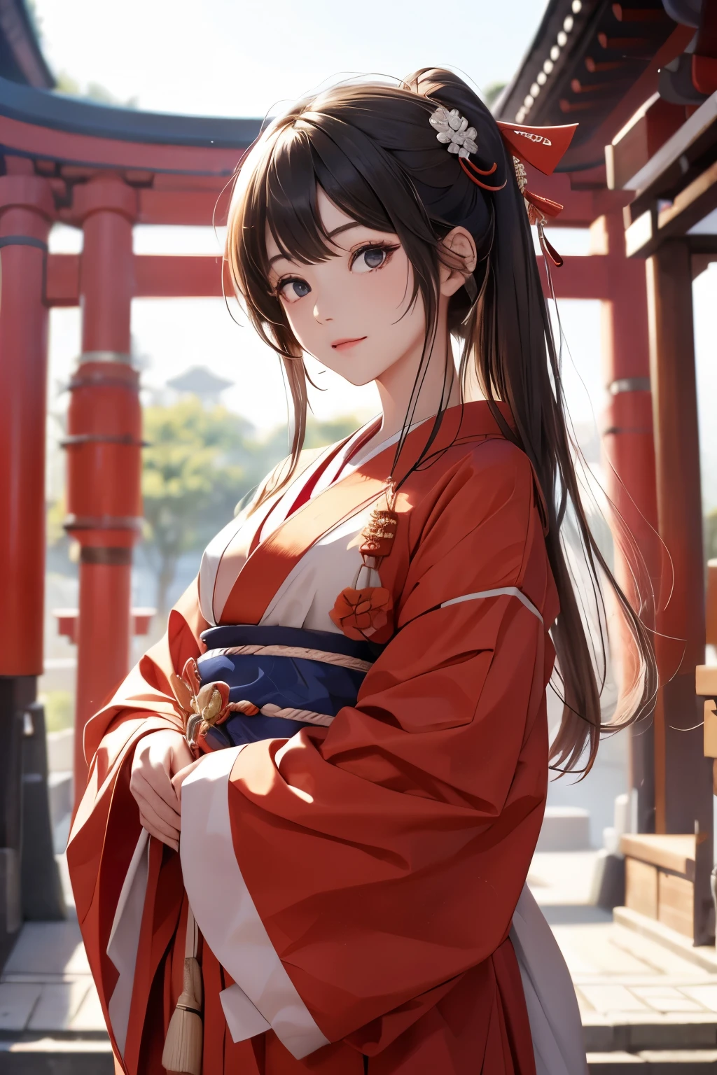 In a costume that looks like a shrine maiden、front、 upper body