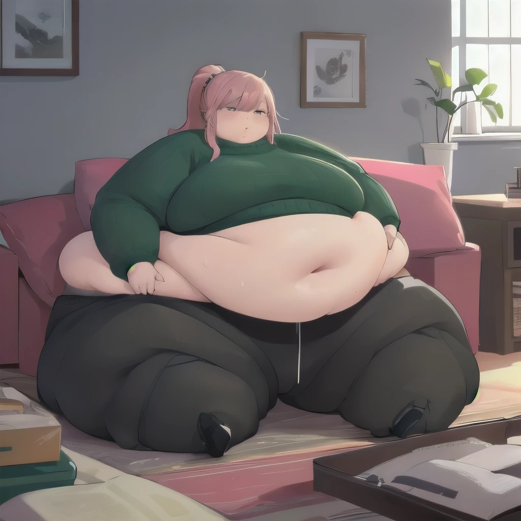 (massively obese immobile woman in a knit blue and green sweater and black sweatpants with her belly hanging out), pink single ponytail , sitting in a couch, sweaty