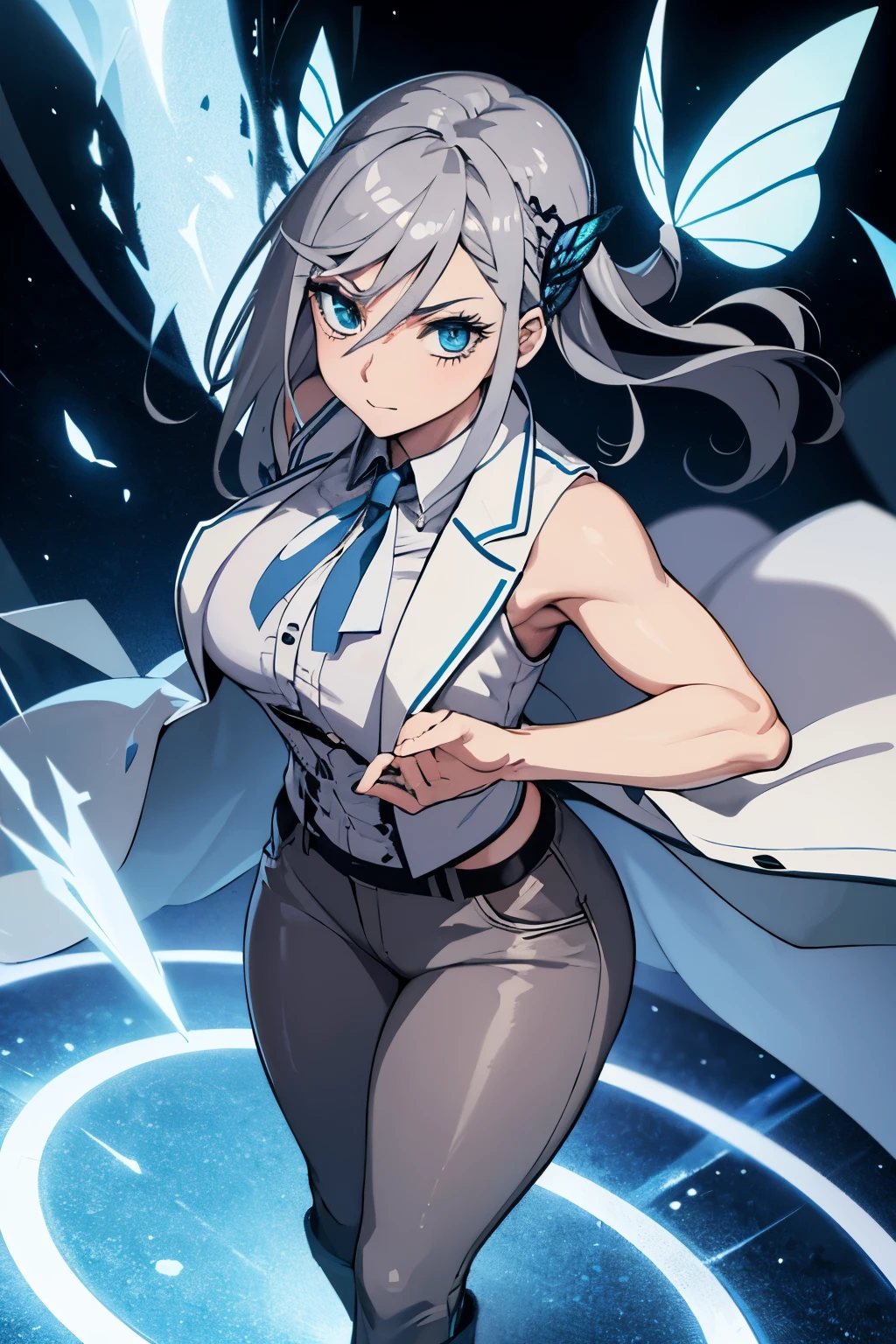 1girl, A Certain Magical Index art style, wide angle shot, tall adult female with tan skin, feminine appearance, grey hair, butterfly haircut, grey trench-coat with sleeveless shirt, tight bootcut pants, muscular thick thighs, curvy body, sharp eyelids with dark blue eyes, hardened facial expression, looking down at the viewer, hands-on side, laboratory background, 8k, high resolution.