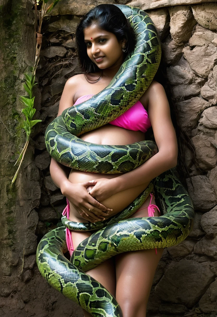 Pregnant topless aroused  horny beautiful happy very young indian teen  girl  wearing pink g-string vs Giant green colossal kaa  monster wrapped around her body squeezing her in coiled embrace cuddling and kissing sexual erotic bestiality sex realistic in the village snake pit full body, best quality wet  nsfw  mating