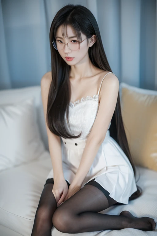 ((Best Quality)), ((傑Best Quality、masterpiece、High sensitivity、 high resolution、 Detailed Description 、 Delicate facial depiction)), Slender woman、Glasses、 miniskirt in length、Crouch down、 open legs、 pantyhose、