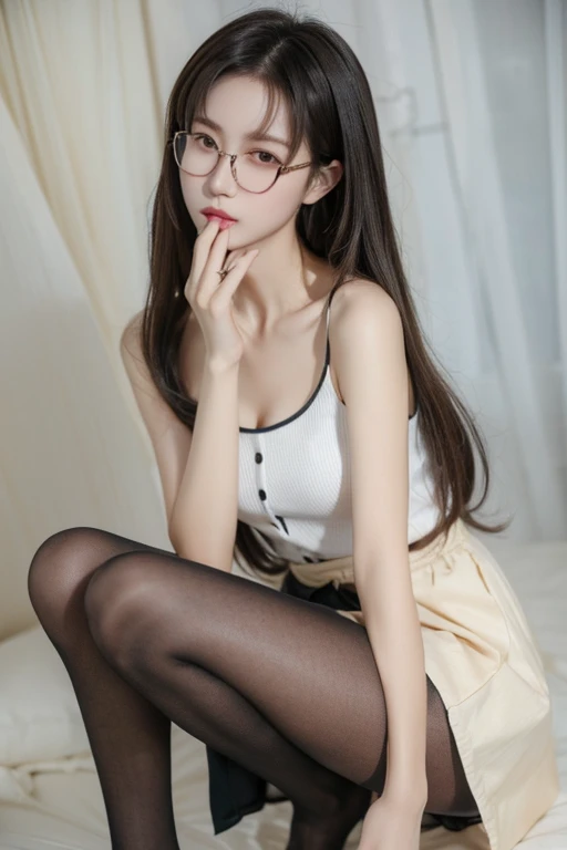 ((Best Quality)), ((傑Best Quality、masterpiece、High sensitivity、 high resolution、 Detailed Description 、 Delicate facial depiction)), Slender woman、Glasses、 miniskirt in length、Crouch down、 open legs、 pantyhose、