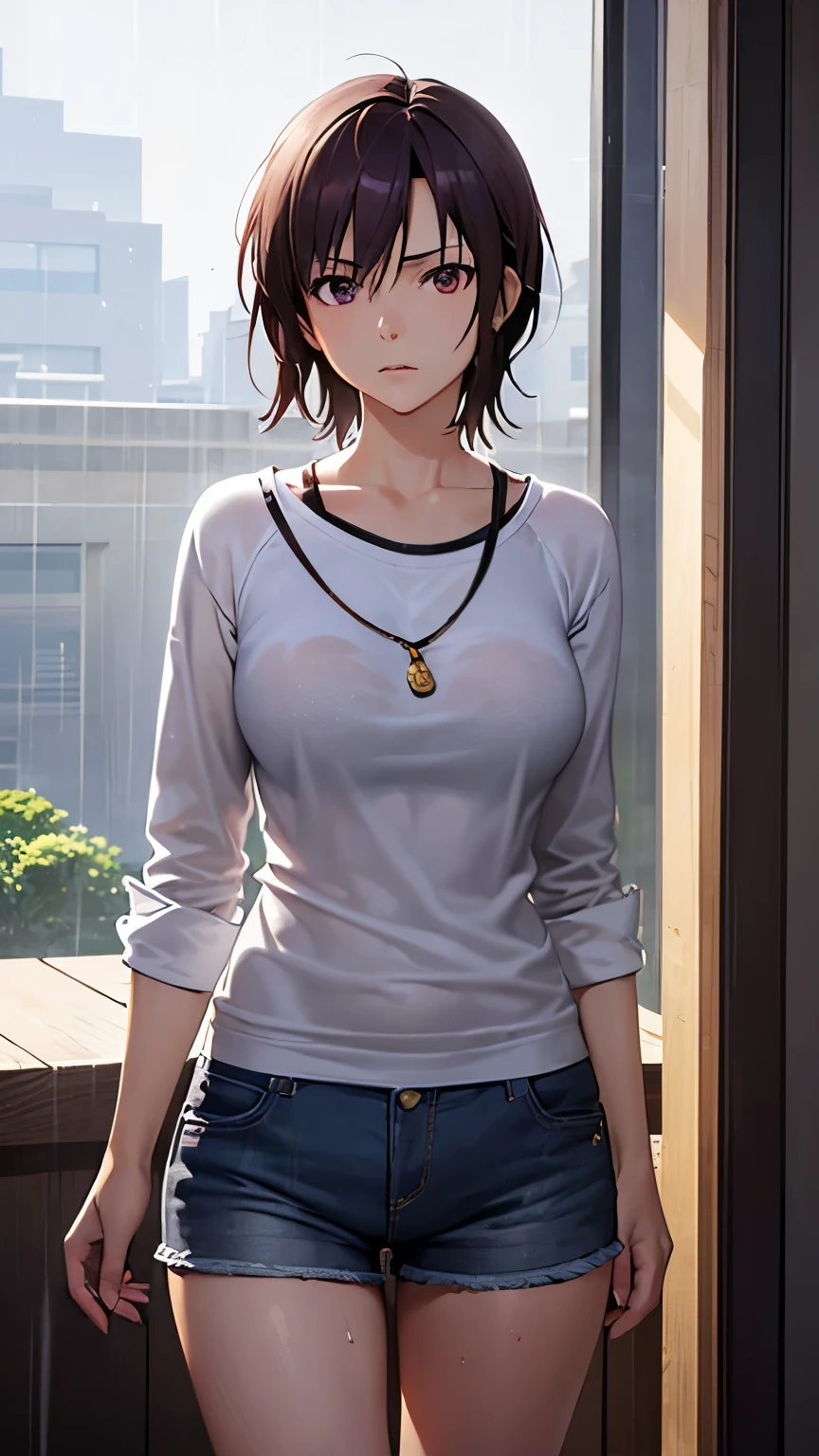 ((masterpiece , best quality)), ((( 1 girl ))), dark colored hair, short hair, tomboy, mature woman, expressive eyes, heterochromaia eyes , (perfect female proportions), (very large breasts), women loose shirt, with casual shorts, long legs, skinny legs, slim hips, Iwasawa (Angel Beats), mature face, 30s, mature female, casual clothes, the loneliest girl, artistic, inspired, golden hour, warm, (rain, sad, Hydrangea, Hortensia), wet shirt, luminism, Makoto Shinkai, Krenz Cushart, Anime art , Surrealism, a contrast between the realistic and the absurd, High Creative, Dynamic, informative, High detailing, cinematic, complex background