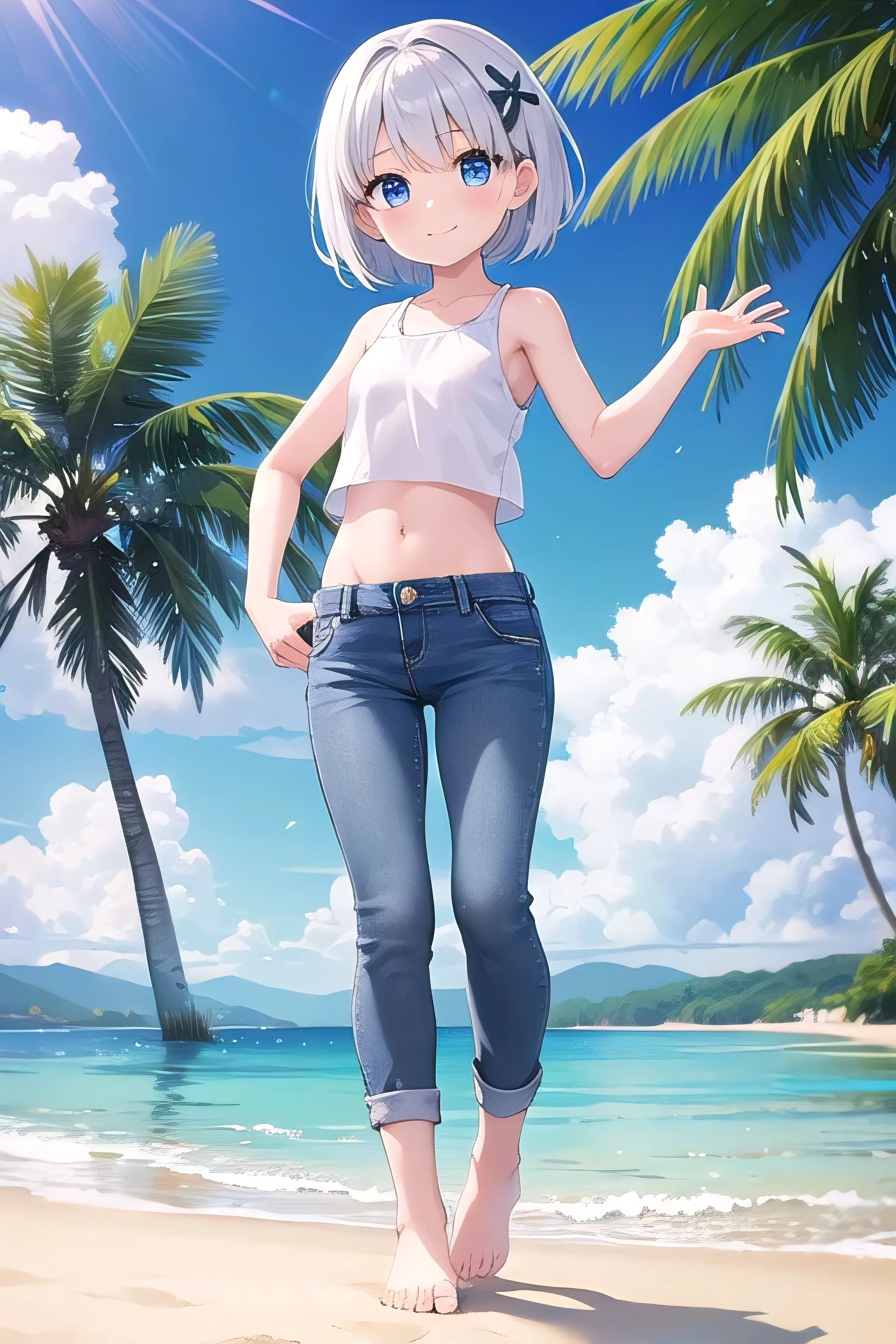 masterpiece,best quality,ultra detail,1girl, 14yo,petite,smile happy, in the beach, bright, sunshine, short hair, blue eyes, silver hair, hair ornament, ribbon hair ornament, Raise your arms and behind your head,White teeth, Tanktop, croptop, jeans, wetting jeans, barefoot,barefoot,Place your hands on your hips,Standing with your legs apart, break looking at viewer, whole body,