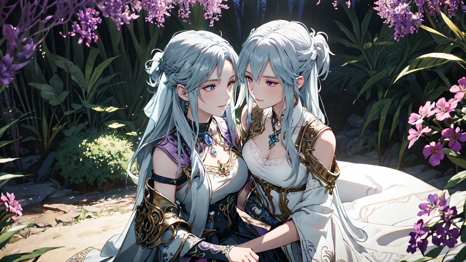 Enchanting 8K Fantasy Scene: A female barbarian, 1girl, solo, used a armor, is depicted from the waist up in a lush, paradisiacal landscape. Facing the viewer in an ultra-detailed, photorealistic 8K portrait, she exudes elegance with porcelain-smooth, pale skin that softly glows. Her long silver hair cascades around her face, drawing attention to her captivating golden eyes and an enchanting, gentle smile. Dressed in delicate white lace with a necklace of small black flowers, she embodies both strength and beauty. She holds an ornate tribal staff adorned with feathers and intricate carvings, symbolizing her harmony with nature. Behind her stretches a paradise-like grove, rich with towering trees, and sparkling streams under a dramatic sky painted in hues of purple, blue, evoking a surreal, magical atmosphere. The scene blends fantasy with an ethereal, Genshin Impact-inspired style, rendered in ultra-high 4K and 8K resolution with extreme detail and fine art quality.