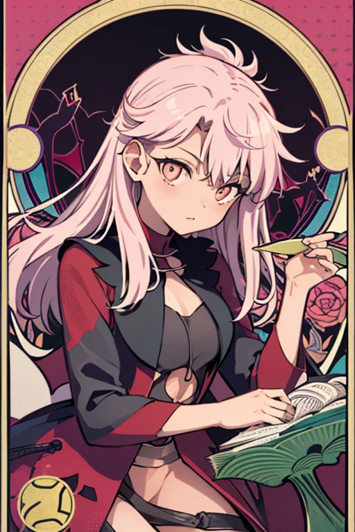 Maximalism,absurdres,masterpiece, best quality, a game Tarot style card (art nouveau:1.5), (zentangle:1.3), BREAK one girl, (card background is (Saturnine background:1.3), looking viewer, clear face, purity, pink hair, red and black theme,