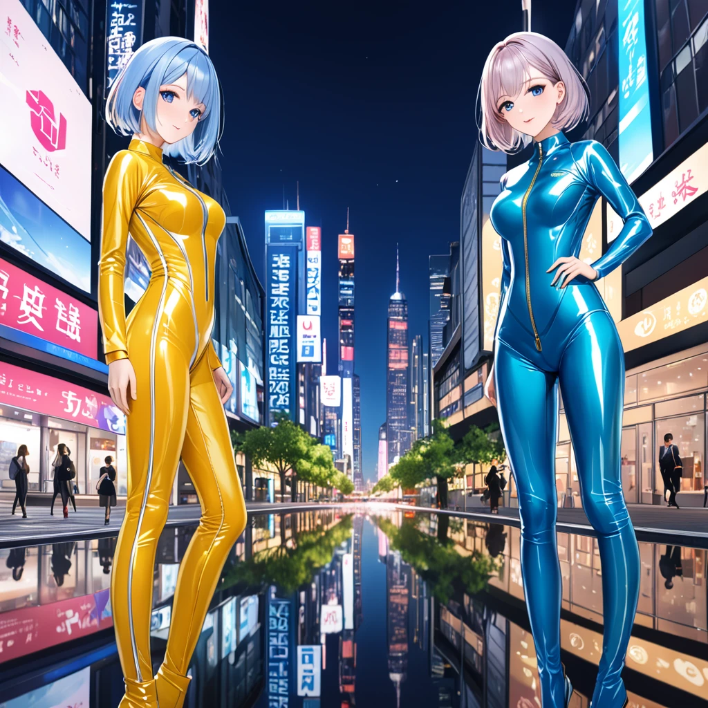 (Multiple girls),(最High image quality, 8k, masterpiece:1.3), (24 years old:1.5), (Grey Hair), ( bob cut ), (Oblique sky blue eyes), ((Full body enamel suit、blue、yellow line、The line from the base of the foot to the chest、no zipper 、Rubber Suit、Gloss、reflection、Perfect fit、Full body shot、City、Office District)), ([Ultra Clear:1.5), (Glossのある肌:1.1),(Pale skin:1.1),High image quality、Clear contours