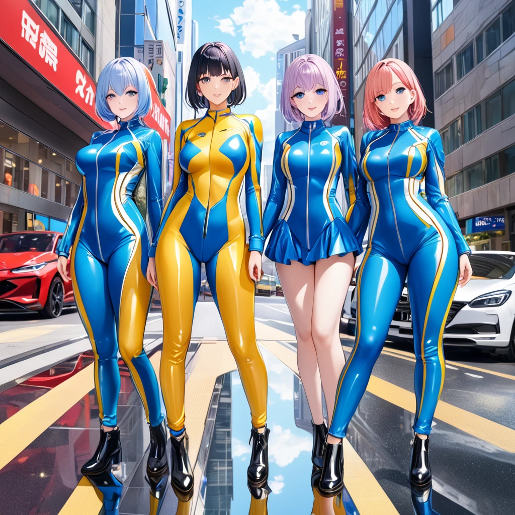 (Multiple girls),(最High image quality, 8k, masterpiece:1.3), (24 years old:1.5), (Grey Hair), ( bob cut ), (Oblique sky blue eyes), ((Full body enamel suit、blue、yellow line、The line from the base of the foot to the chest、no zipper 、Rubber Suit、Gloss、reflection、Perfect fit、Full body shot、City、Office District)), ([Ultra Clear:1.5), (Glossのある肌:1.1),(Pale skin:1.1),High image quality、Clear contours