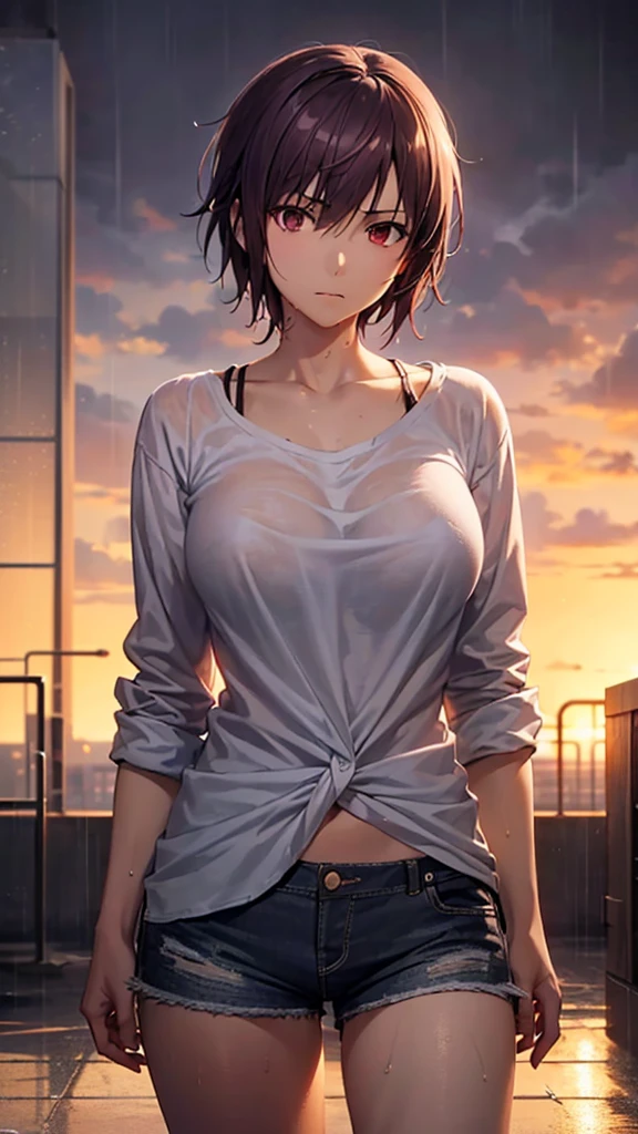 ((masterpiece , best quality)), ((( 1 girl ))), dark colored hair, short hair, tomboy, mature, expressive eyes, heterochromaia eyes , (perfect female proportions), (very large breasts), women loose shirt, with casual shorts, long legs, skinny legs, slim hips, ( Iwasawa (Angel Beats)), mature face, mature female, casual clothes, the loneliest girl, artistic, inspired, golden hour, warm, (rain, sad, Hydrangea, Hortensia), wet shirt, luminism, Makoto Shinkai, Krenz Cushart, Anime art , Surrealism, a contrast between the realistic and the absurd, High Creative, Dynamic, informative, High detailing, cinematic, complex background