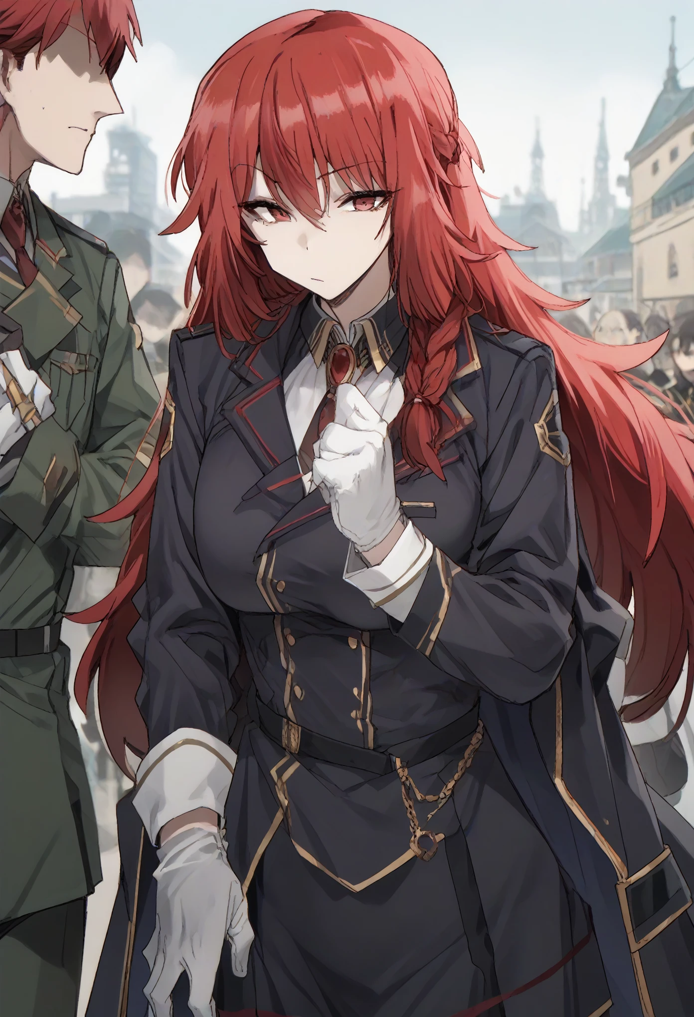 long hair, red eyes, braid,big breast, red hair, skirt, gloves, long sleeves, jacket, necktie, white gloves, uniform, military, military uniform
