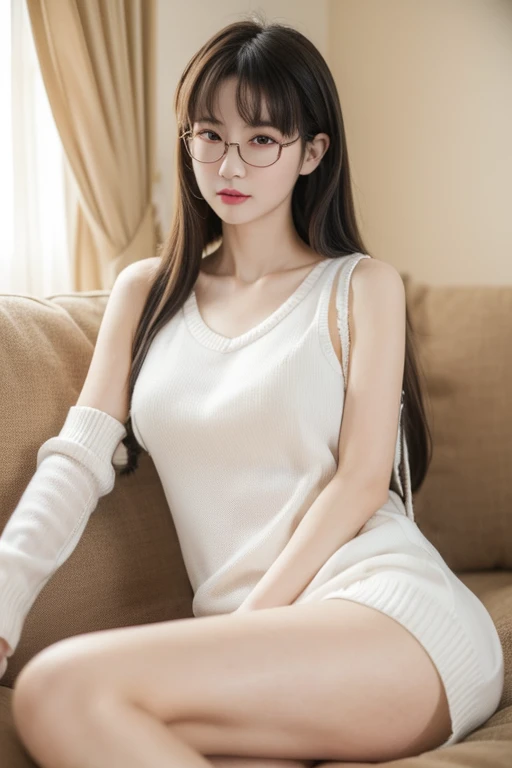 ((Best Quality)), ((傑Best Quality、masterpiece、High sensitivity、 high resolution、 Detailed Description 、 Delicate facial depiction)), Slender woman、Glasses、 sleeveless dress、sweater style 、 leg warmers、 sitting on the sofa、