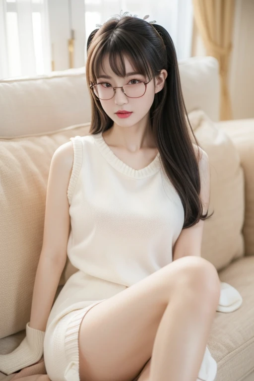 ((Best Quality)), ((傑Best Quality、masterpiece、High sensitivity、 high resolution、 Detailed Description 、 Delicate facial depiction)), Slender woman、Glasses、 sleeveless dress、sweater style 、 leg warmers、 sitting on the sofa、