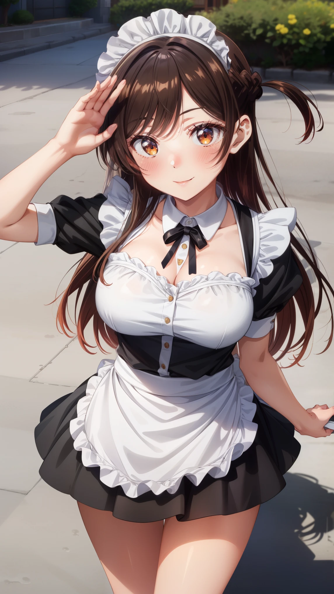 ((anime,ANIME SCREENCAP,black outline,sharp focus,intense shadow)),(masterpiece),(Best Quality),( very detailed),( high resolution),8k,Detailed skin、 perfect face、 perfect body、 wallpaper, head、Attractive random poses、smile、Stylish、(aachizuru,Long Hair 、One side up、Big Breasts、 Cute face, Long Hair, One side up, Thin Waist, big hips, Curvaceous, break, Maid Costume, (Black maid outfit:1.2), Short sleeve, short skirt , White Apron , Headdress, white collar, black shoes, Thighs, Absolute territory, break, standing , opens her mouth, Blushed Cheeks, 元気なsmile, smile, opens her mouth, (salute), Daytime,Maid Cafe)、(shiny skin, Glowing Skin , oily skin shiny skin ) , at random angles 、 cowboy shot