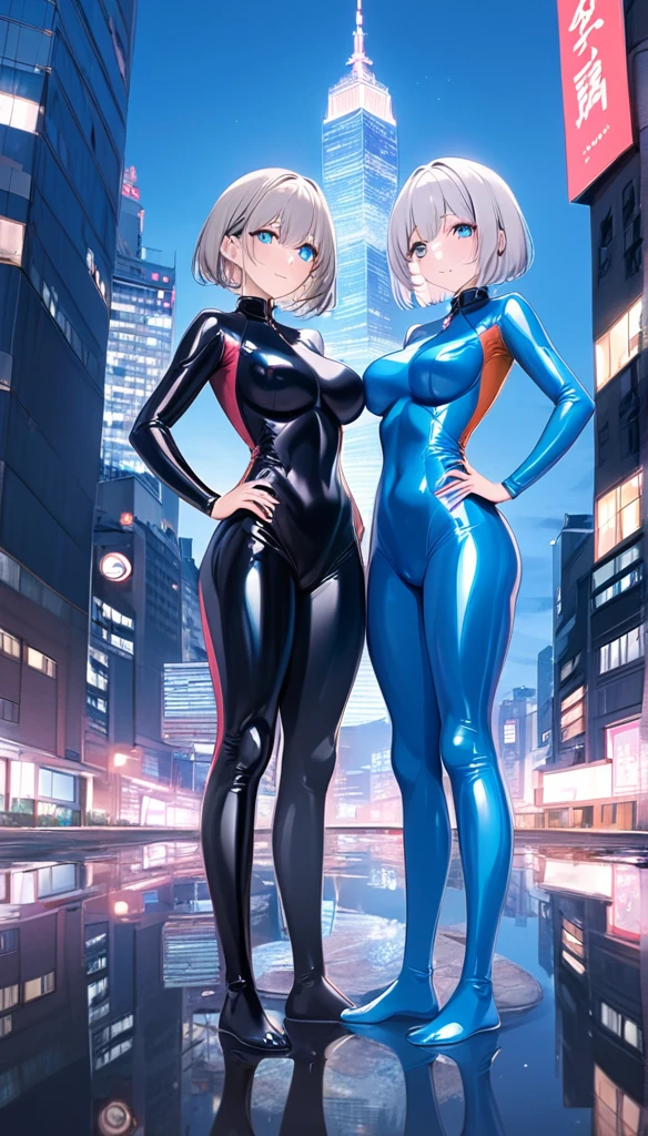 (Multiple girls),(最High image quality, 8k, masterpiece:1.3), (24 years old:1.5), (Grey Hair), ( bob cut ), (Oblique sky blue eyes), ((Full body enamel suit、blue、The line from the base of the foot to the chest、no zipper 、 rubber suit、Gloss、reflection、Perfect fit、Full body shot、City、Office District、Night view)), ([Ultra Clear:1.5), (Glossのある肌:1.1),(Pale skin:1.1),High image quality、Clear contours