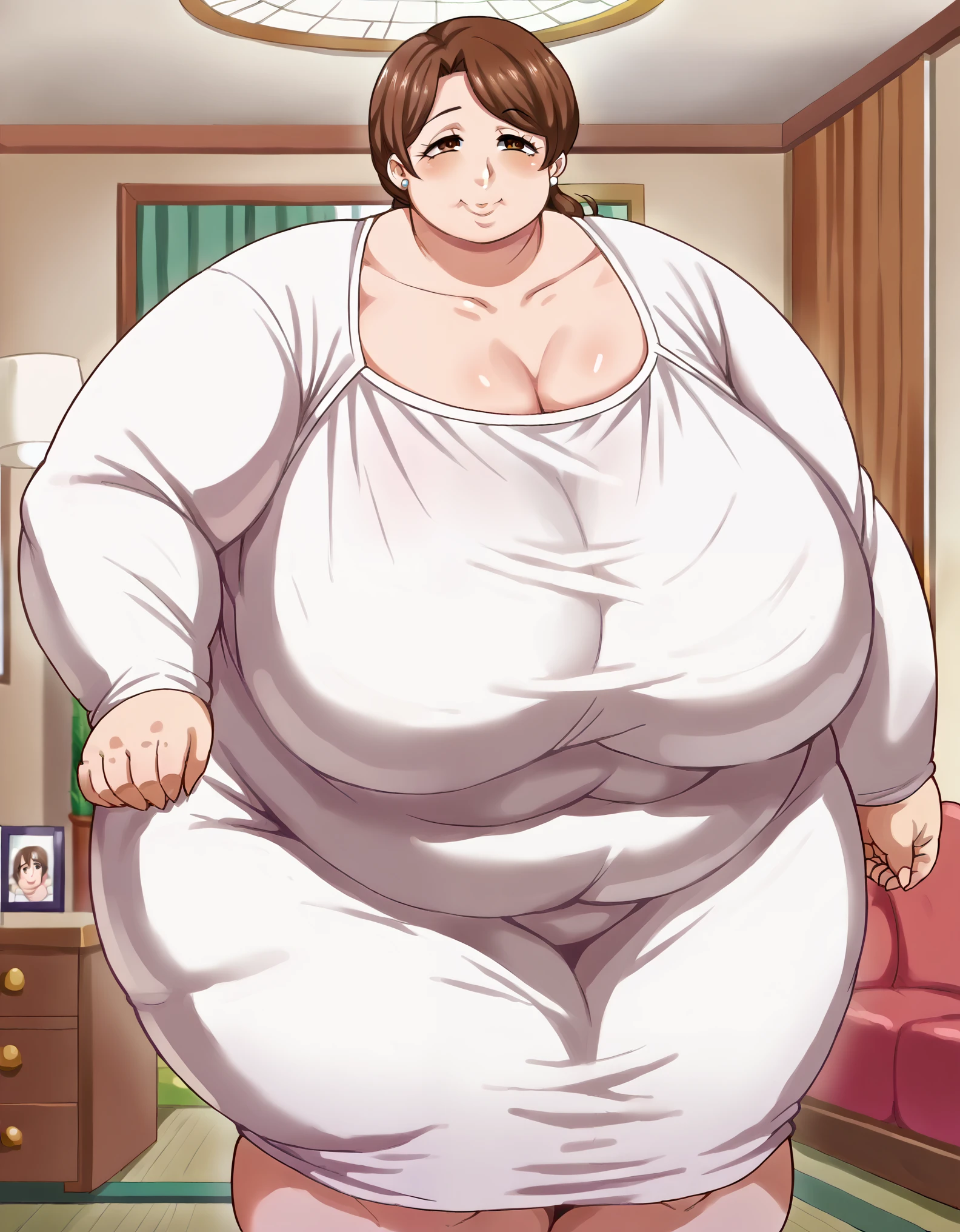 score_8_up, source_anime, anime screencap, 1mature_female, motherly, milf, fat, chubby, obese, brown hair, brown eyes, low ponytail, smile, living room, gigantic arms and legs, white dress 