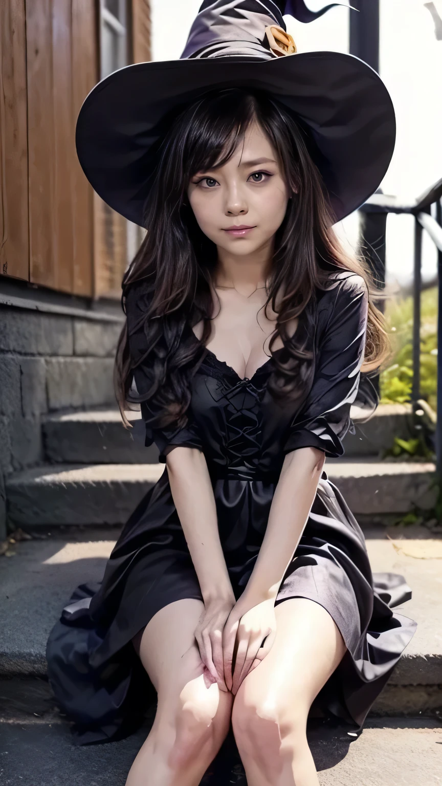  Halloween Night:1.3、(Woman Sitting on Stairs :1.2、witch、Squint your eyes and laugh:1.3)、(( Halloween cosplay、Black pointed hat、witch costume、 pleated skirt:1.2)、 cleavage)、(front、View from directly above)、(Realistic、 as in the picture 、live-action、8k, Realistic, RAW photo, Highest quality: 1.4),  SLR camera 、RAW photo, Best Quality, Realistic,  Highly Detailed CG Unity 8k Wallpaper,  the depth of the boundary written , Cinematic Light,  lens flare ,  Ray Tracing, Realistic background、(( super dense skin ))、 after school、(whole body:1.5)、(Long Hair:1.2、  Hair Blown in the Wind :1.4)、i like that style、 stylish、 very detailed、  pay attention to the details 、Perfect outfit、( tanned skin)、Accurate hands、Accurate legs、 Detailed hands and fingers 、  anatomically correct body  、Thin legs、 thin thighs、 small breasts、 very detailedな顔