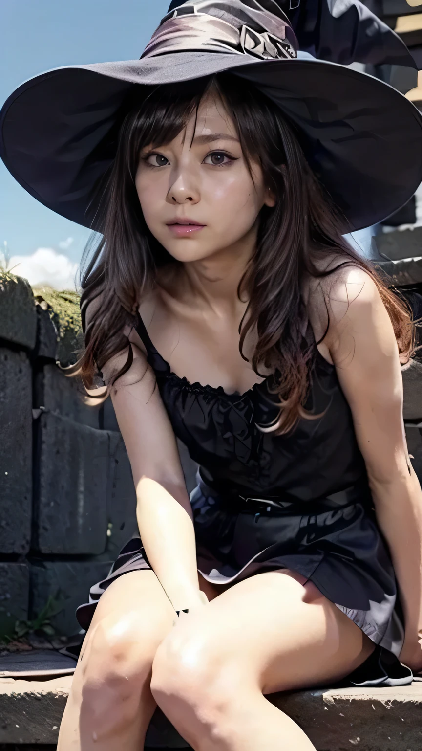  Halloween Night:1.3、(Woman Sitting on Stairs :1.2、witch、Squint your eyes and laugh:1.3)、(( Halloween cosplay、Black pointed hat、witch costume、 pleated skirt:1.2)、 cleavage)、(front、View from directly above)、(Realistic、 as in the picture 、live-action、8k, Realistic, RAW photo, Highest quality: 1.4),  SLR camera 、RAW photo, Best Quality, Realistic,  Highly Detailed CG Unity 8k Wallpaper,  the depth of the boundary written , Cinematic Light,  lens flare ,  Ray Tracing, Realistic background、(( super dense skin ))、 after school、(whole body:1.5)、(Long Hair:1.2、  Hair Blown in the Wind :1.4)、i like that style、 stylish、 very detailed、  pay attention to the details 、Perfect outfit、( tanned skin)、Accurate hands、Accurate legs、 Detailed hands and fingers 、  anatomically correct body  、Thin legs、 thin thighs、 small breasts、 very detailedな顔