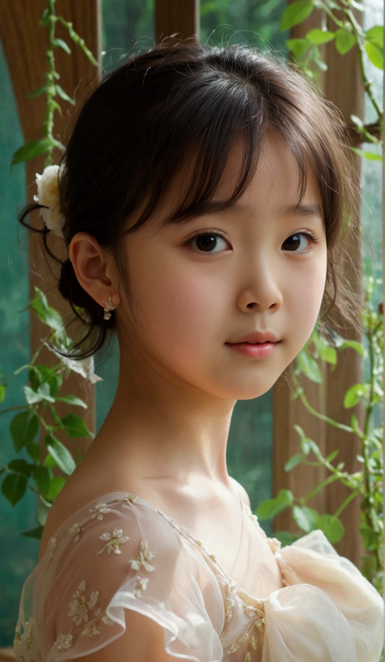 Masterpiece, 8K, Prettiest asian girl in the world, the cutest girl, age 9, small-budding breast, pale skin, juveniles physique, elementary_school-girls physique, charming adolescents girl, One-piece style dress, sheer fabric, translucent clothes, full-body, from the front, showing her belly