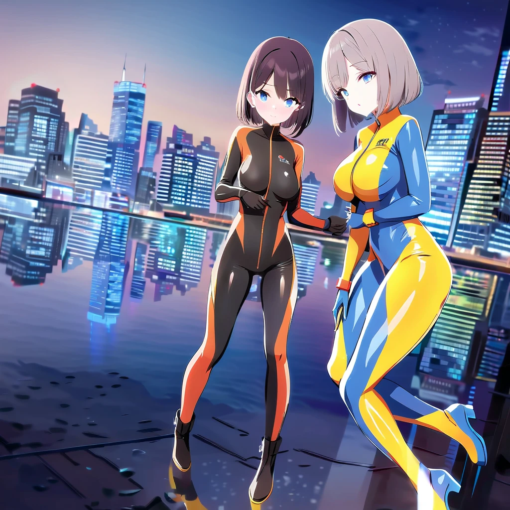 (Multiple girls),(最High image quality, 8k, masterpiece:1.3), (24 years old:1.5), (Grey Hair), ( bob cut ), (Oblique sky blue eyes), ((全身 rubber suit、 black、yellow line、no zipper 、 rubber suit、Gloss、reflection、Perfect fit、Full body shot、City、Office District、Night view)), ([Ultra Clear:1.5), (Glossのある肌:1.1),(Pale skin:1.1),High image quality、Clear contours