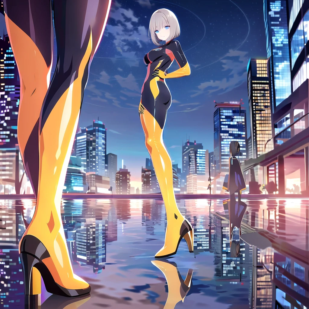 (Multiple girls),(最High image quality, 8k, masterpiece:1.3), (24 years old:1.5), (Grey Hair), ( bob cut ), (Oblique sky blue eyes), ((全身 rubber suit、 black、yellow line、no zipper 、 rubber suit、Gloss、reflection、Perfect fit、Full body shot、City、Office District、Night view)), ([Ultra Clear:1.5), (Glossのある肌:1.1),(Pale skin:1.1),High image quality、Clear contours