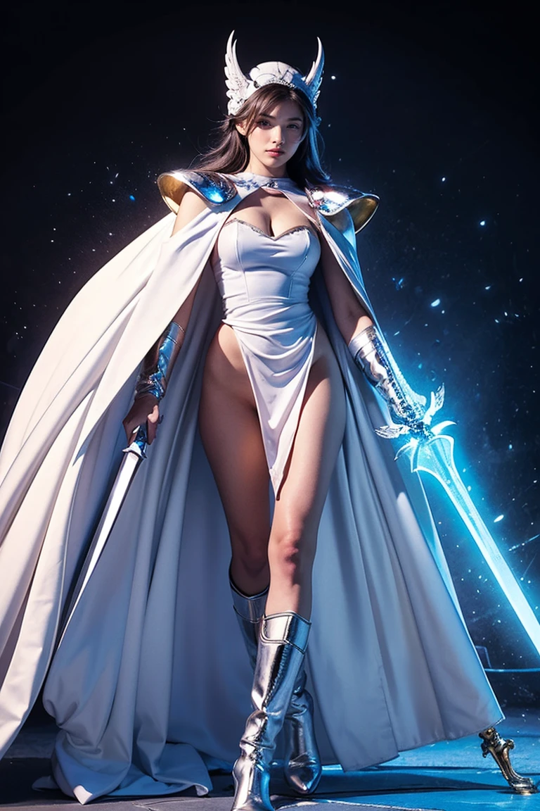  Great Quality , masterpiece, Best Quality, Super detailed, Super detailed,  ultra high resolution,  BEAUTIFUL GIRLS,  COMPLETE ANATOMY,  PERFECT BODY , Model,  Stylish Poses,  wears amazing white armor all over his body and a white cape, He has a crystal sword , walk, Medieval Road, (random color:1.4),
Long Hair, Various hairstyles,  blue eyes ,  glowing eyes,
 extremely detailed,