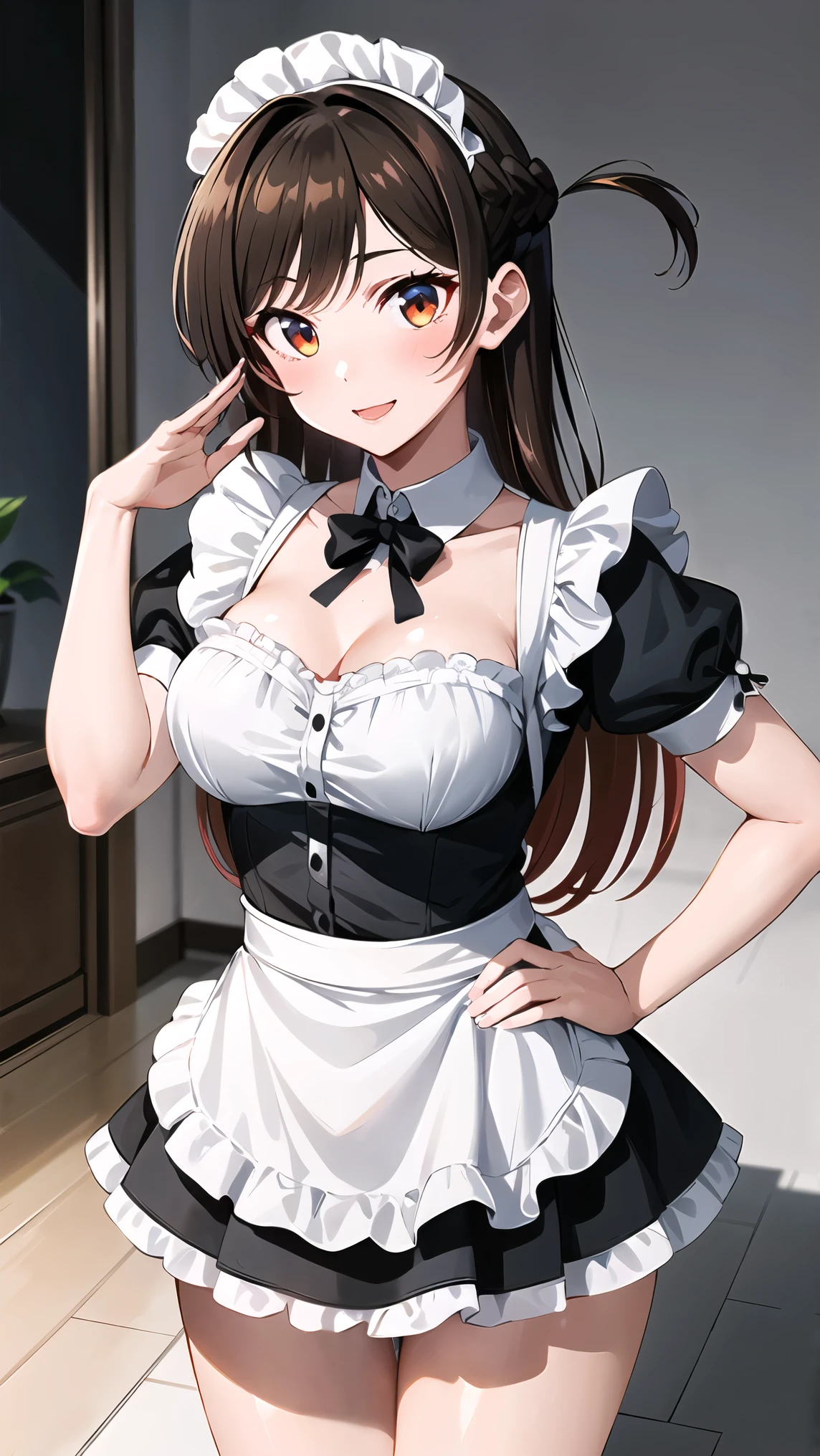 best quality, masterpiece, highres, solo, {maid:1.40}, {long maid dress:1.15}, {zuikaku_azurlane:1.15}, long_hair, brown_hair, breasts, large_breasts, bangs, yellow_eyes, blush, cleavage, very_long_hair, hair_ornament, smile, collarbone, brown_eyes, ponytail