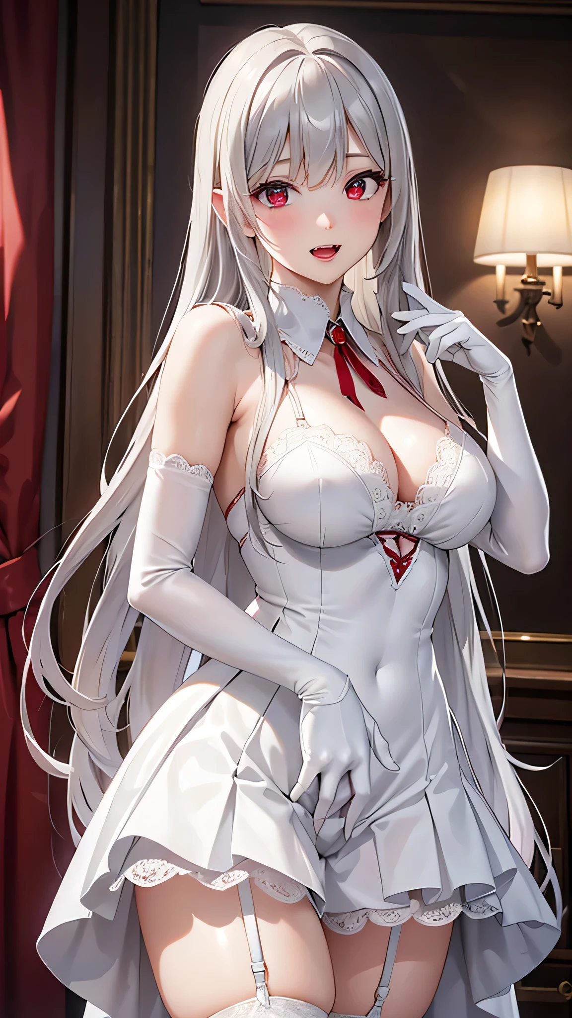  adult woman on the house, Alone,  sexy,8K resolution,((Best Quality)), ultra high resolution, ( shy face ), (Red eyes),  Beautiful Symmetrical Face , ( long silver hair ), white lace dress , white long skirt, garter belt,Realistic:1.4,Realistic:1.4,(masterpiece:1.2), perfect eyes,Perfect Eyes, anatomically correct human body,Perfect waist,Perfect thighs,(Open your mouth,Vampire Fangs),Indoors at night, white long gloves 