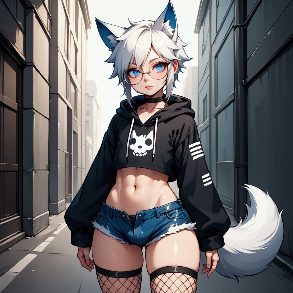 Single boy, Anime boy, Short, Long white hair, wolf ears, wolf tail, blue eyes, wearing short denim shorts, thigh high fishnets, black combat boots, oversized cropped hoodie, flat chest, super flat chest, solo femboy, only one femboy ((FLAT CHEST)) solo, alone, (SOLO)(ALONE) thicc thighs, wide hips, blue eyes, perfect eyes, perfect face, pouty lips, happy, curvy, sparkly blue eyes, wearing large round glasses