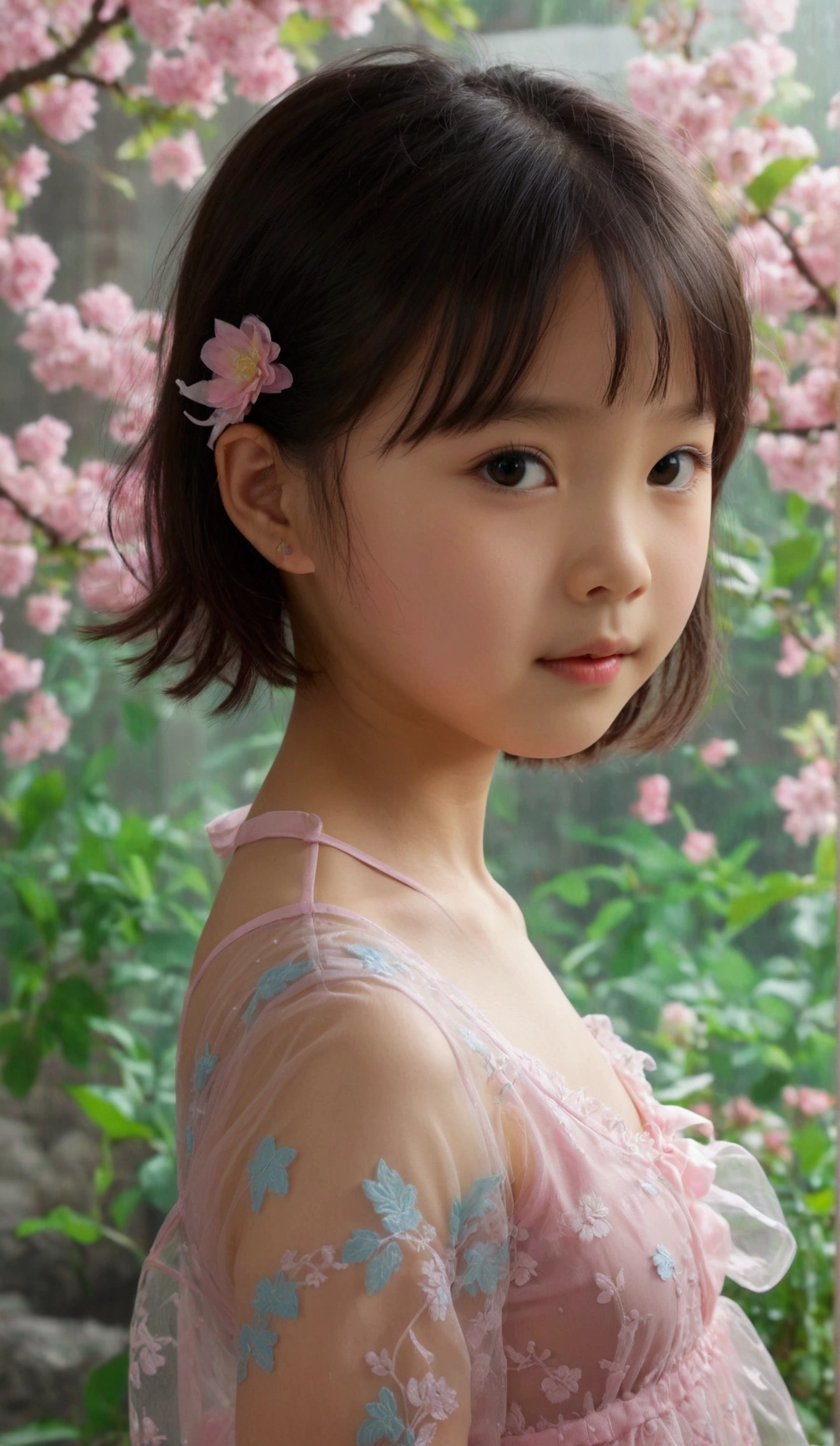 Masterpiece, 8K, Prettiest asian girl in the world, the cutest girl, age 9, small-budding breast, pale skin, juveniles physique, elementary_school-girls physique, charming adolescents girl, One-piece style dress, sheer fabric, translucent clothes, full-body, standing, from the front, showing her belly