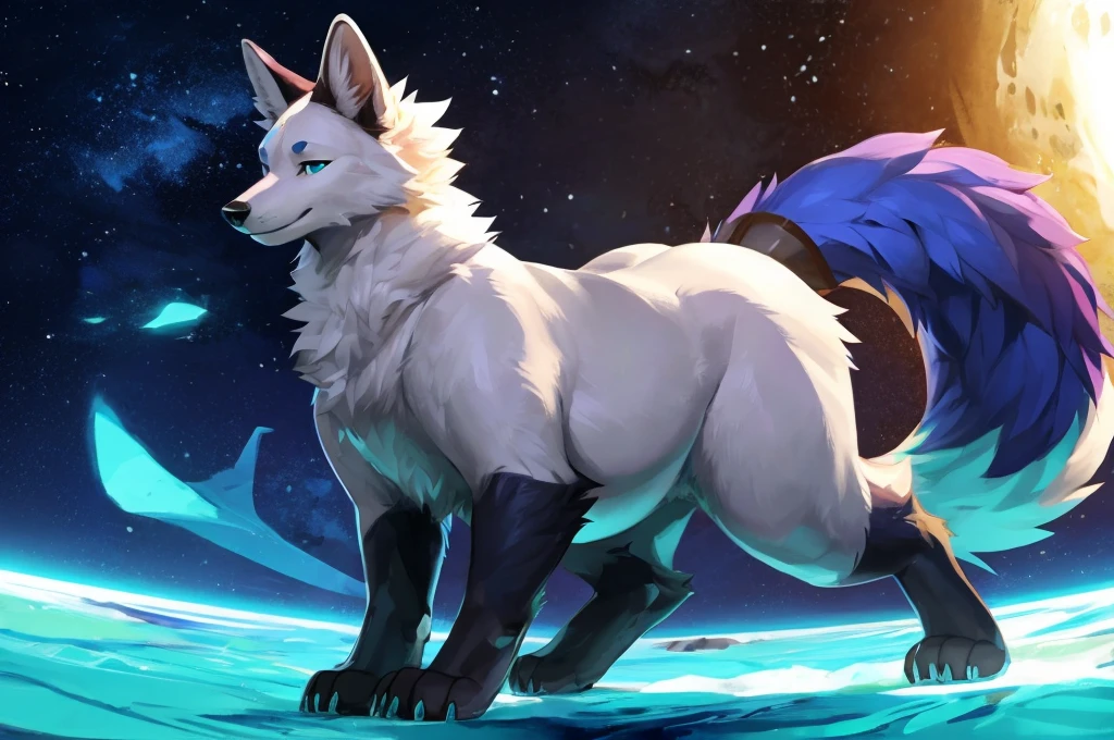 (((White fox with 9 tails)))), Alolan Ninetales, feral, feral fox, Highest quality, Highest quality, High quality illustrations, masterpiece, Ultra-high resolution, Detailed Background, night, Absurd, Perfect Anatomy, performance, Good lighting, fox, white fur, NSFW, canine penis, presenting penis, looking at viewer, half-closed eyes, smug smile, smile, spread pussy, bodily fluids, side view, low angle view