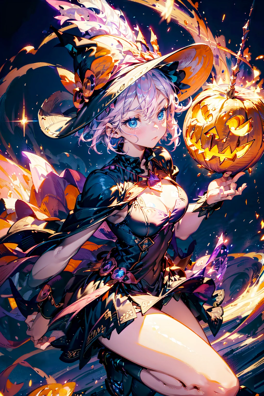 ((Best Quality)), ((masterpiece)), ((detailed)), ((High Definition)), 
1girl,solo,cool,(((pink short hair,blue eyes))),big breast,cleavage,Wizard costume,an anime-style Wizard,magician,With a sparkle background,With a magical aura-cutting light,dynamic action,hold a stickwith shining in rainbow lines were shiny and luminous,magical stick,
Halloween,pumpkin monster, Jack-o'-Lantern,purple,orange,