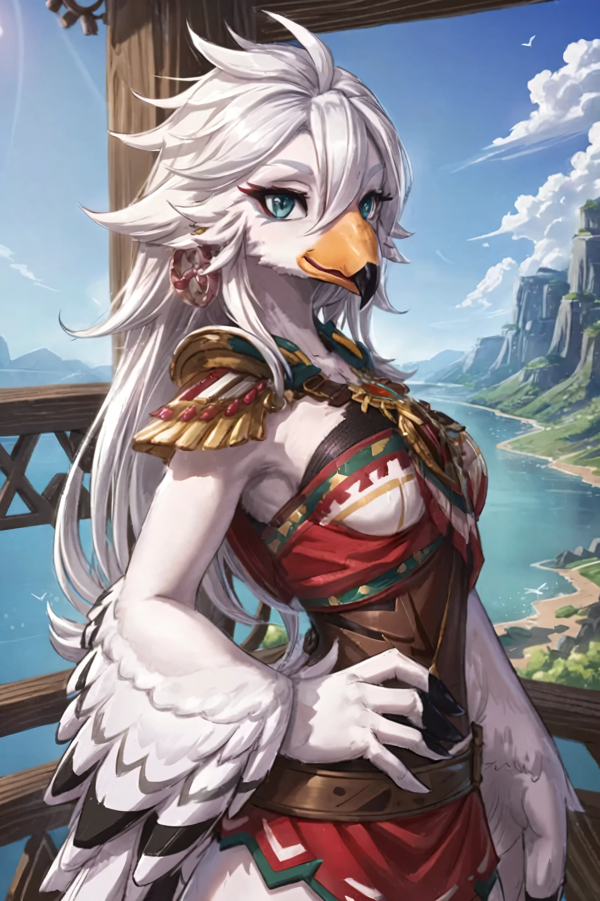  A woman with long gray hair and a bird on her shoulder , Chicken Feather Armor,  Genshin Impact Engraving ,  I have a conceptual portrait ,  fluffy breasts , Inca Harpy Girl ,  Astori Lone , Furry Fantasy Art, Bird Warrior, Griffon,   ornate bikini armor  ,   cushart krenz key art feminine  ,   of a fantasy duck {x} It's a very beautiful furry art, Farvi 