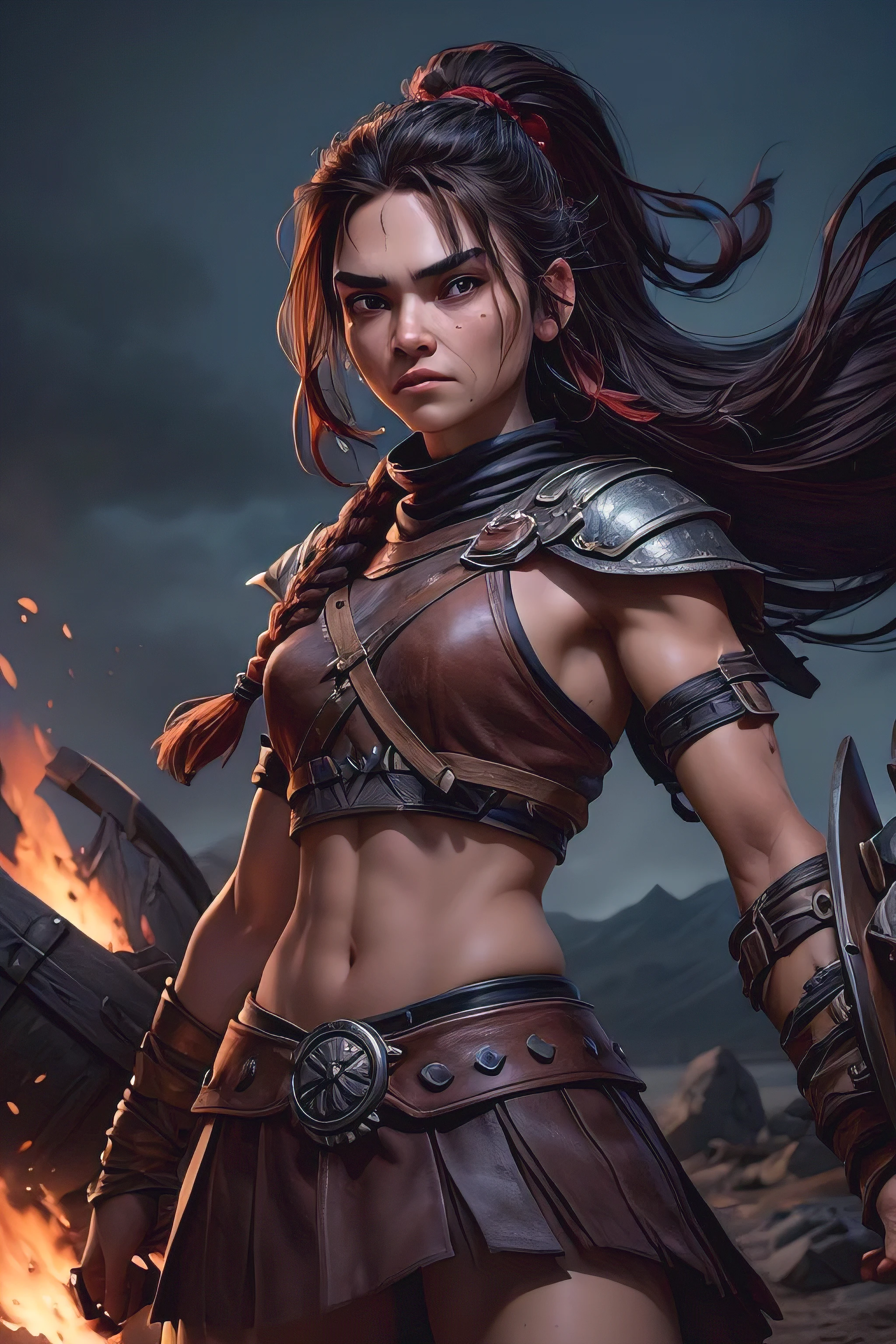 ( masterpiece , ultra high resolution:1.4), ( Photo of a Viking warrior with braided black hair.:1.3), (Tall stature and captivating brown eyes that emit a certain glow and light.:1.4), (Sony Alpha 1 camera, Renowned for capturing the highest level of detail in a photo:1.3), (paired with the Sony FE 85mm f/1.4 GM lens for stunning portraits:1.3), (The face of the Viking with perfect symmetry and impeccable features:1.2), (His face adorned with red war paint:1.3), (his intense brown eyes shining with determination:1.2), (His leather warrior attire, covered in red war paint and battle stains:1.3), (Sony Alpha 1 camera capturing the textures of the leather and paint with precision:1.2), (The strong arms and the slender body of the Viking.:1.3), (standing with a dominant presence in the middle of the battlefield:1.1), (A light mist in the air, with volcanic ash falling gently from the sky:1.1), (The artistically blurred background, emphasizing the Viking warrior as the focal point:1.1), (His expression shows pure concentration and unwavering determination.:1.3), (The camera captures the emotion and intensity in your eyes:1.3), (The photo captures a moment of raw strength and warrior spirit:1.1), (the ultra high resolution ensuring every detail, from the intricacies of her braided hair to the tiniest streak of war paint, is preserved:1.1), (A moment frozen in time, Showing the bravery and ferocity of a Viking warrior:1.1), cinematographic, Hyperdetailed, Crazy details, beautifully colored, Unreal Engine, dof, Super resolution, Megapixel, cinematographic lightning, Antialiasing, FKA, Thai, RTX, SSAO, Postprocessing , post-production, tone mapping, cgi, visual effects, sound effects, Incredibly detailed and intricate, hyper maximalist, Hyper realistic, volumetric, photorealistic, ultra photorealistic, Ultra detailed, intricate details , 8K, Super detailed, in full color,