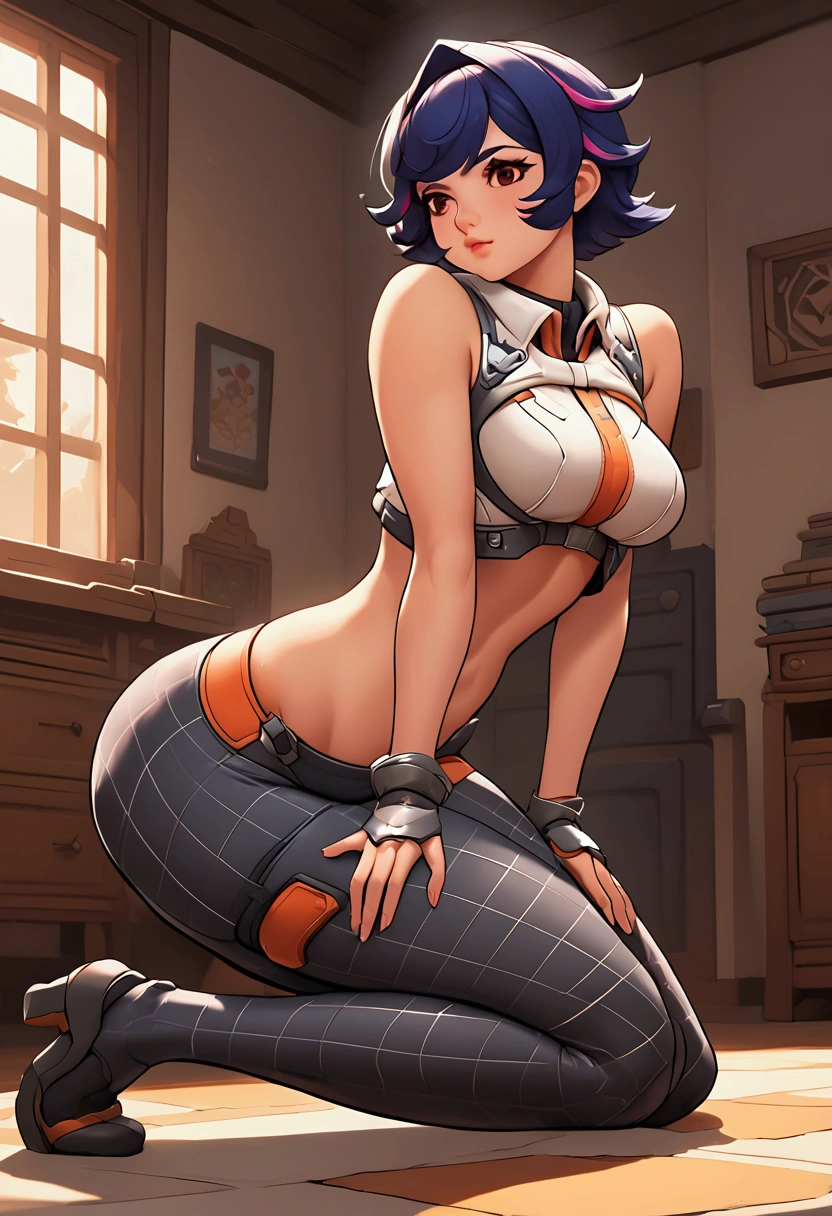 Juno de overwatch,  wearing plaid tights, short shirt , big ass,  perfect thighs , sensual pose