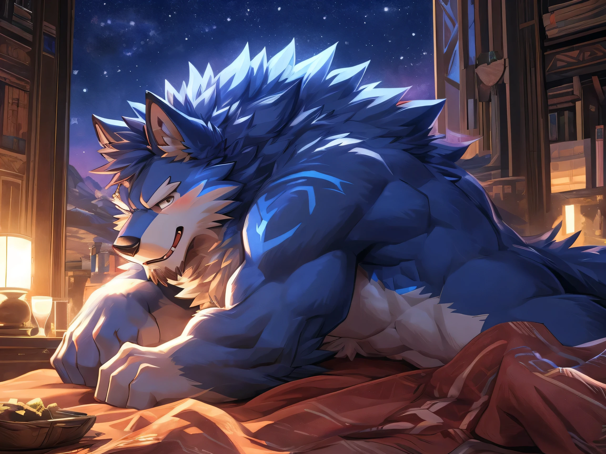 [Pokemon Lycanroc Midnight], chubby, reclining, full moon,