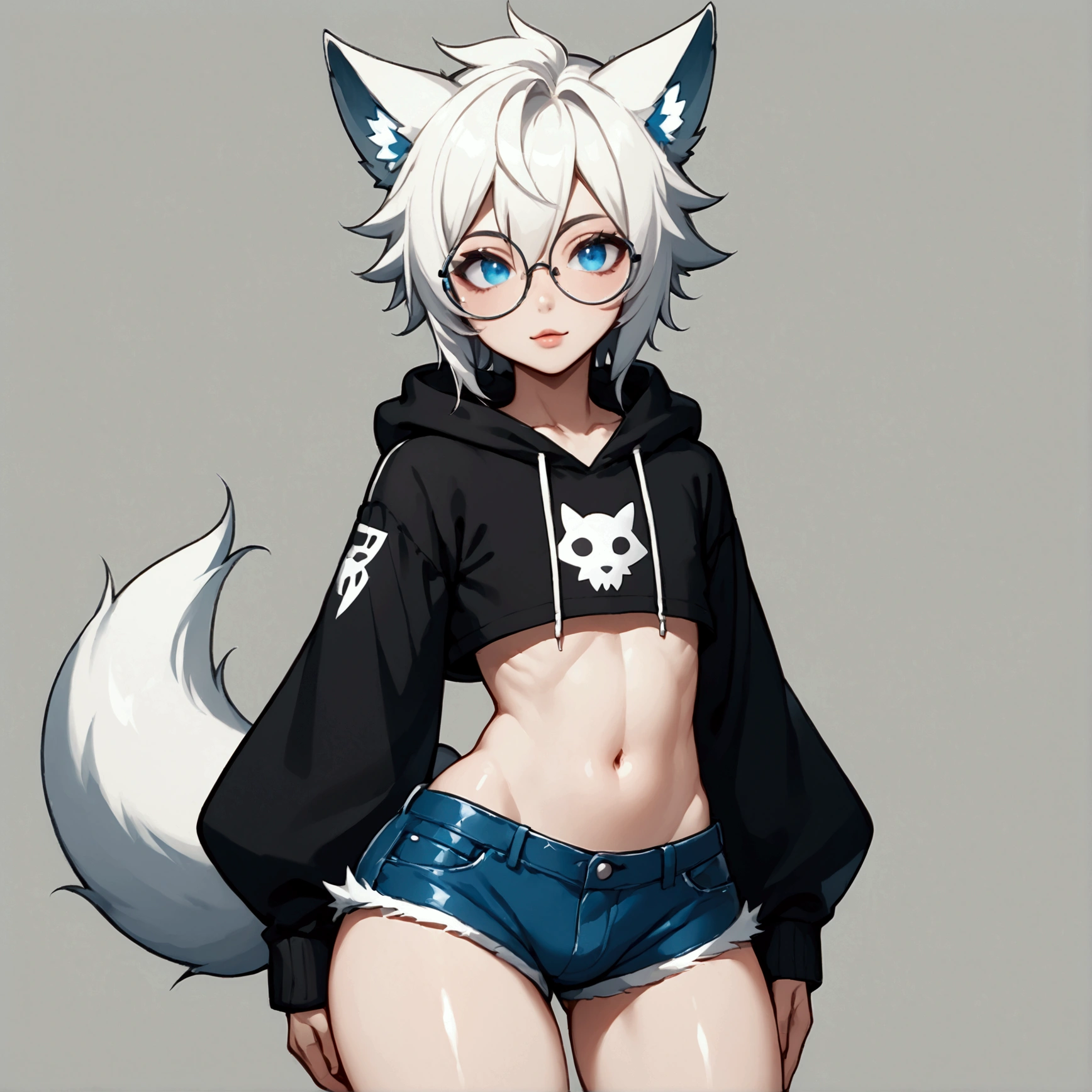 Single boy, Anime boy, Short, Long white hair, wolf ears, wolf tail, blue eyes, wearing short denim shorts, thigh high fishnets, black combat boots, oversized cropped hoodie, flat chest, super flat chest, solo femboy, only one femboy ((FLAT CHEST)) solo, alone, (SOLO)(ALONE) thicc thighs, wide hips, blue eyes, perfect eyes, perfect face, pouty lips, happy, curvy, sparkly blue eyes, wearing large round glasses