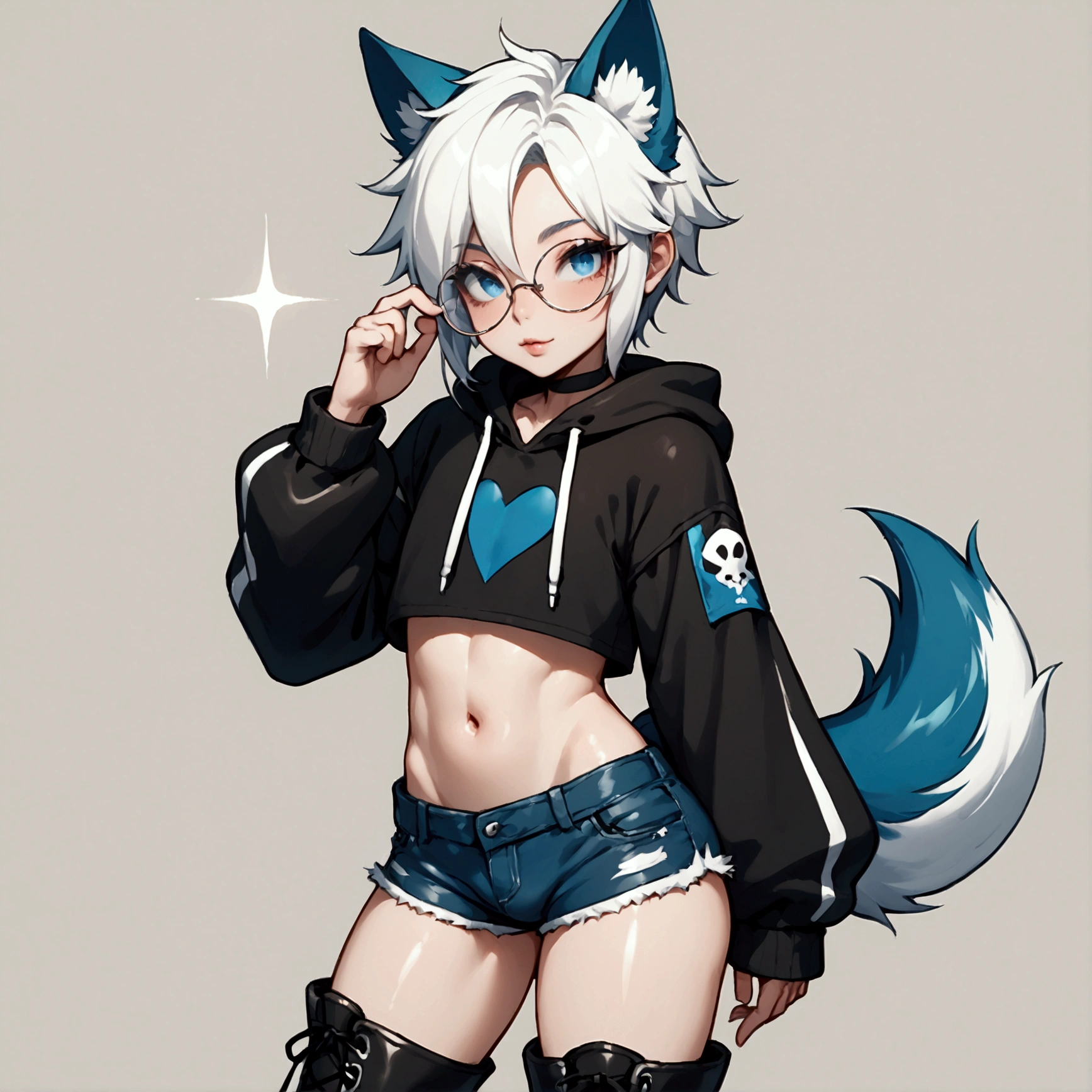 Single boy, Anime boy, Short, Long white hair, wolf ears, wolf tail, blue eyes, wearing short denim shorts, thigh high fishnets, black combat boots, oversized cropped hoodie, flat chest, super flat chest, solo femboy, only one femboy ((FLAT CHEST)) solo, alone, (SOLO)(ALONE) thicc thighs, wide hips, blue eyes, perfect eyes, perfect face, pouty lips, happy, curvy, sparkly blue eyes, wearing large round glasses