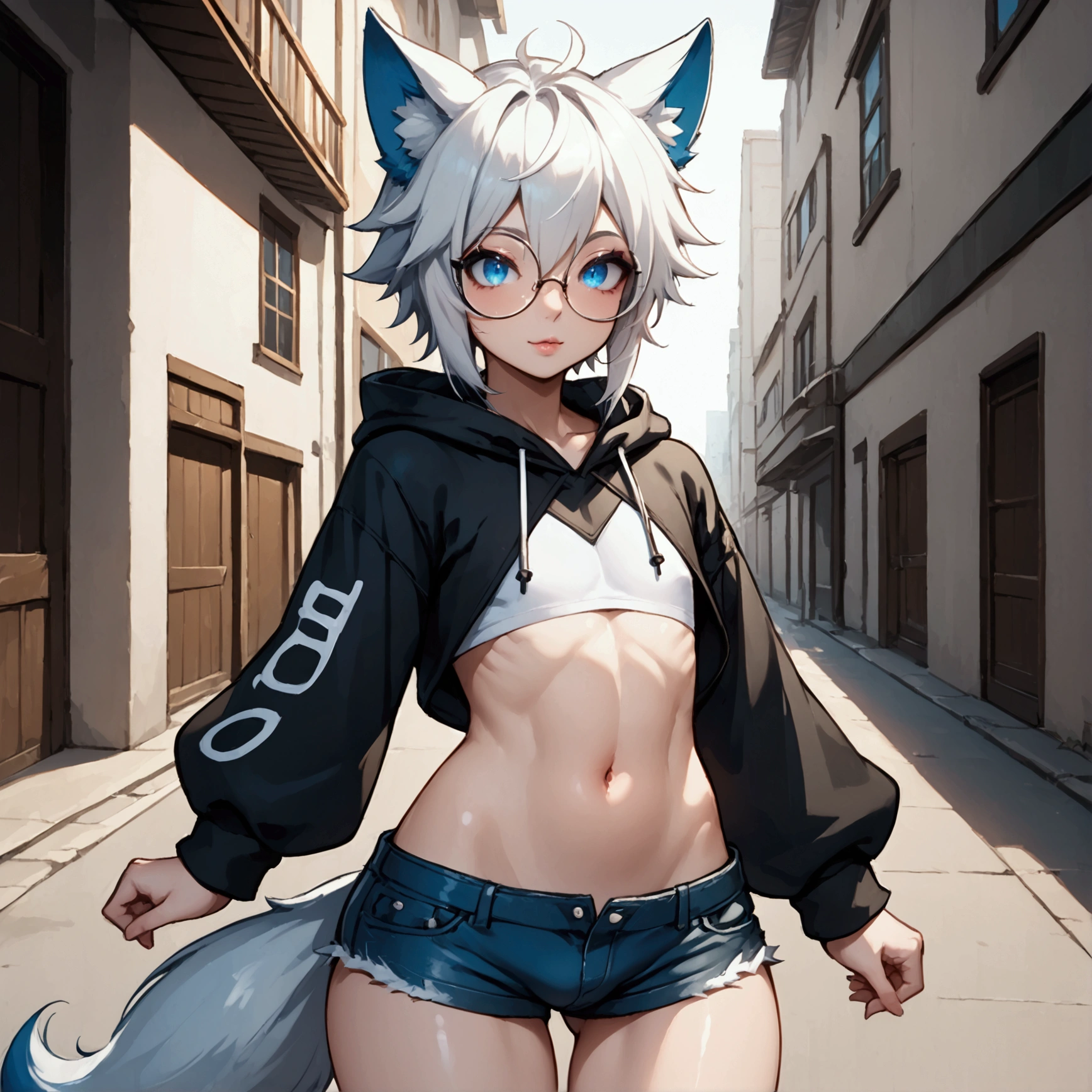 Single boy, Anime boy, Short, Long white hair, wolf ears, wolf tail, blue eyes, wearing short denim shorts, thigh high fishnets, black combat boots, oversized cropped hoodie, flat chest, super flat chest, solo femboy, only one femboy ((FLAT CHEST)) solo, alone, (SOLO)(ALONE) thicc thighs, wide hips, blue eyes, perfect eyes, perfect face, pouty lips, happy, curvy, sparkly blue eyes, wearing large round glasses