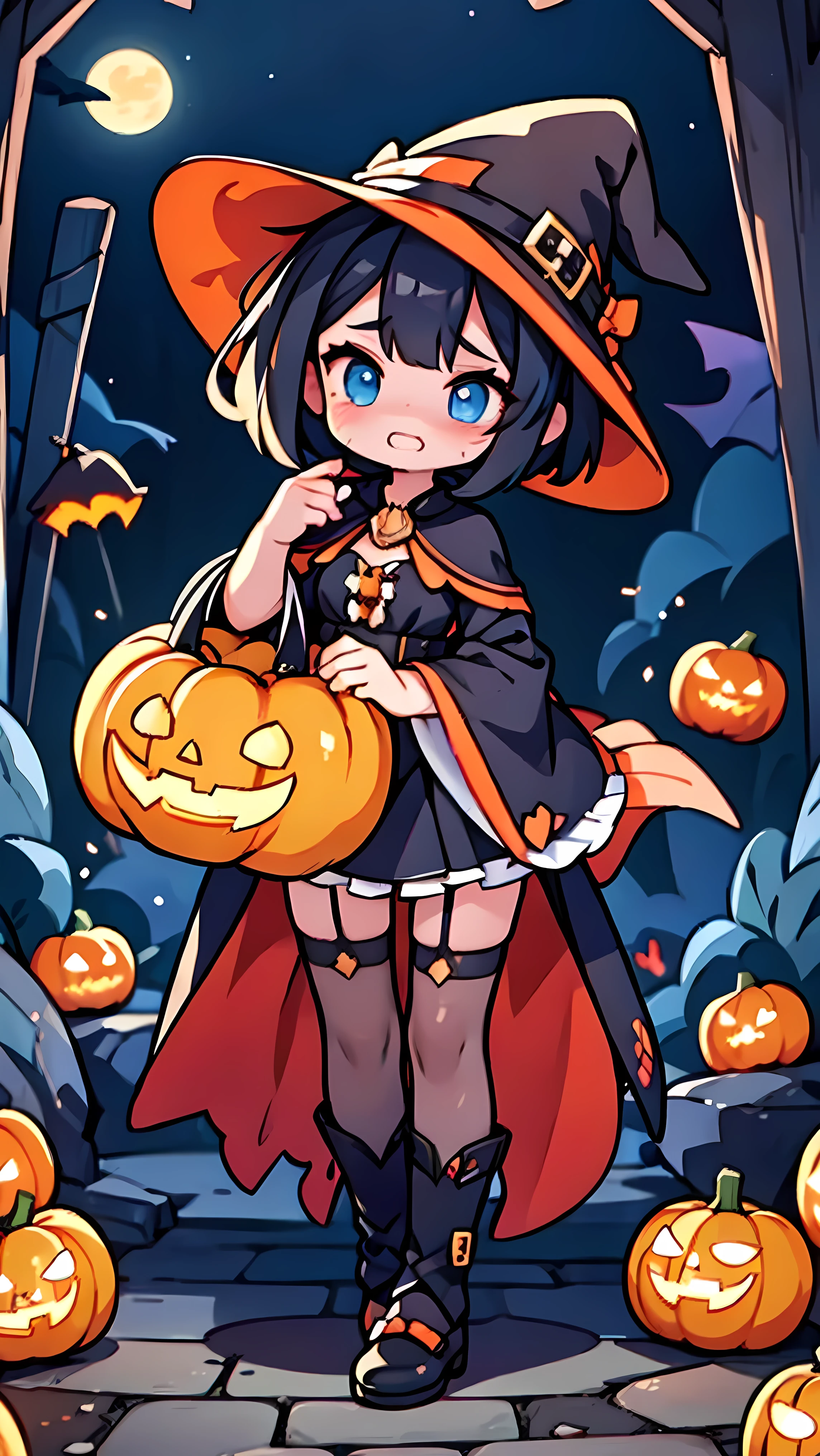 1girl,Black Hair,Dog Ears,Bob,Big Eyes,  blue eyes  ,Droopy eyes, Art ,witch, Another world,8k,  movie writing  ,High image quality,,tears,cry,Very scared , open your mouth wide, jack o' lantern 