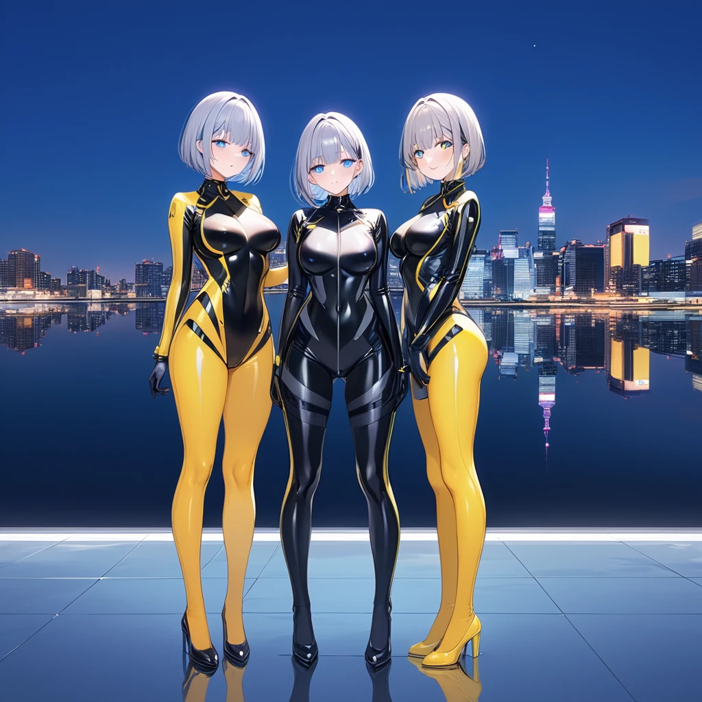 (Multiple girls),(最High image quality, 8k, masterpiece:1.3), (24 years old:1.5), (Grey Hair), ( bob cut ), (Oblique sky blue eyes), ((全身 rubber suit、 black、yellow line、no zipper 、 rubber suit、Gloss、reflection、Perfect fit、Full body shot、City、Office District、Night view)), ([Ultra Clear:1.5), (Glossのある肌:1.1),(Pale skin:1.1),High image quality、Clear contours