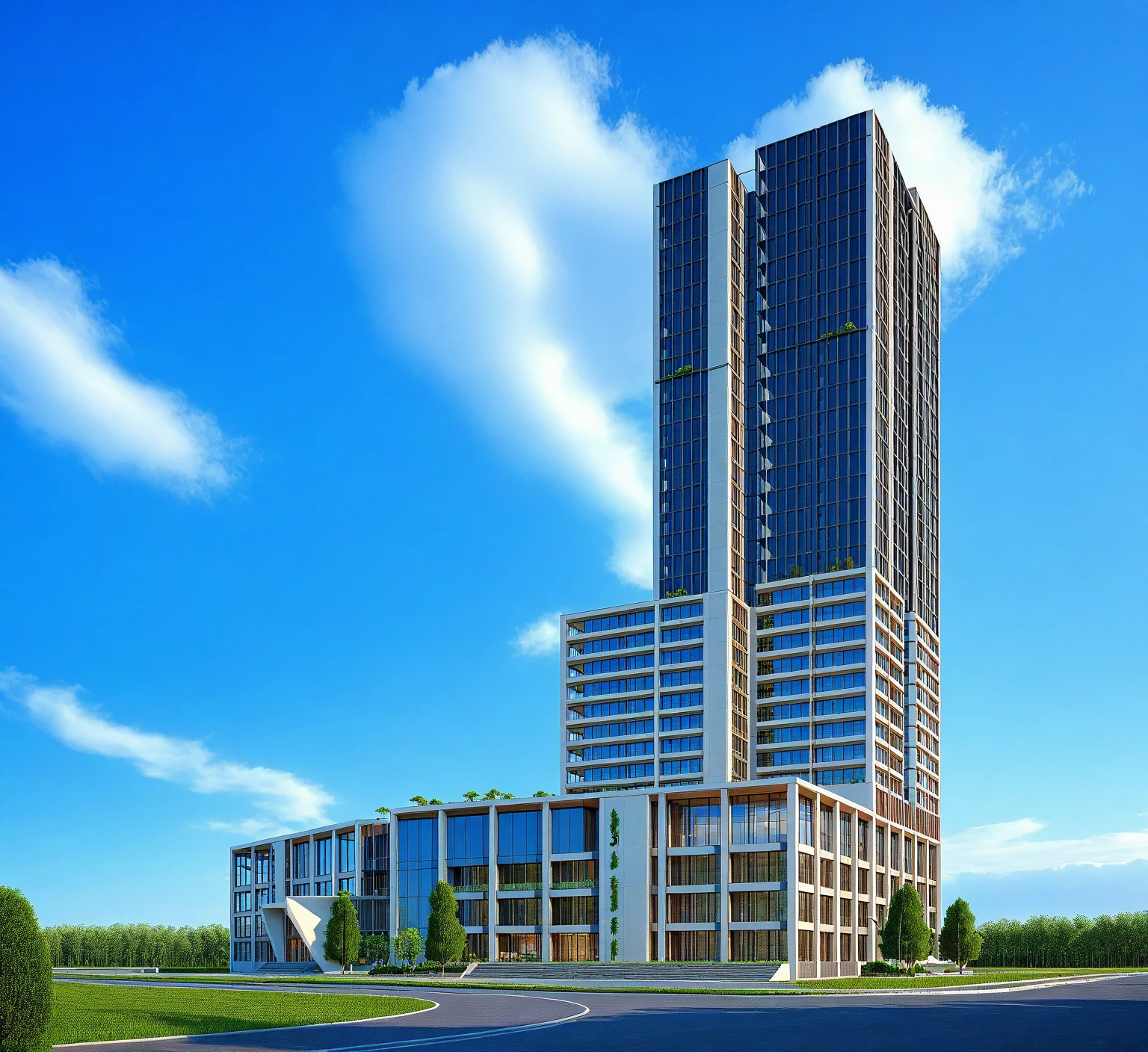 Architectural style Architectural style,  (( highrise : 1.3 )),(masterpiece) , ((best quality)), dramatic lighting, high quality outdoors, sky, day, cloud, tree, blue sky, building, scenery, road, real world location,  sunlight, enough detail, high resolution,super realistic, Photorealistic, highly detailed, balcony, plants, door, car, truck, parking slot, paving, . Clean lines, architectural drawing, highly detailed  , . Clean lines, geometric shapes, minimalist, modern, architectural drawing, highly detailed