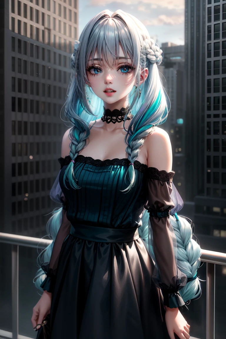 Highly detailed and realistic, soft lighting, cool tones. A girl with long, flowing hair (gradient of dark blue and teal) sways gently in the wind on a rooftop. Her hair, slightly tousled yet elegant, bathes in soft sunlight, with subtle reflections bringing out the various shades of blue. She has pale, flawless skin, soft makeup, a hint of blush, and her naturally parted lips are slightly open. She looks down and shy, exuding a calm, introspective vibe. She wears a delicate choker and a simple, dark, off-the-shoulder top, amplifying her serene, atmospheric presence.

The scene is shot from the waist up as if it were taken with a smartphone's colored lens, exuding an intimate, candid atmosphere. The background shows a rooftop, with the girl standing out against a blur of minimalist city structures. A soft breeze blows her long, wavy hair, subtly intertwined with intricate braids, highlighting her dreamy look. Her eyelashes are tinted, enhancing the overall dreamy atmosphere. A rooftop railing and a cityscape in the distance are visible, and the cool ambient light of an overcast sky creates a serene atmosphere. The overall mood is introspective and peaceful, with her multi-coloured hair contrasting beautifully against the serene urban backdrop.