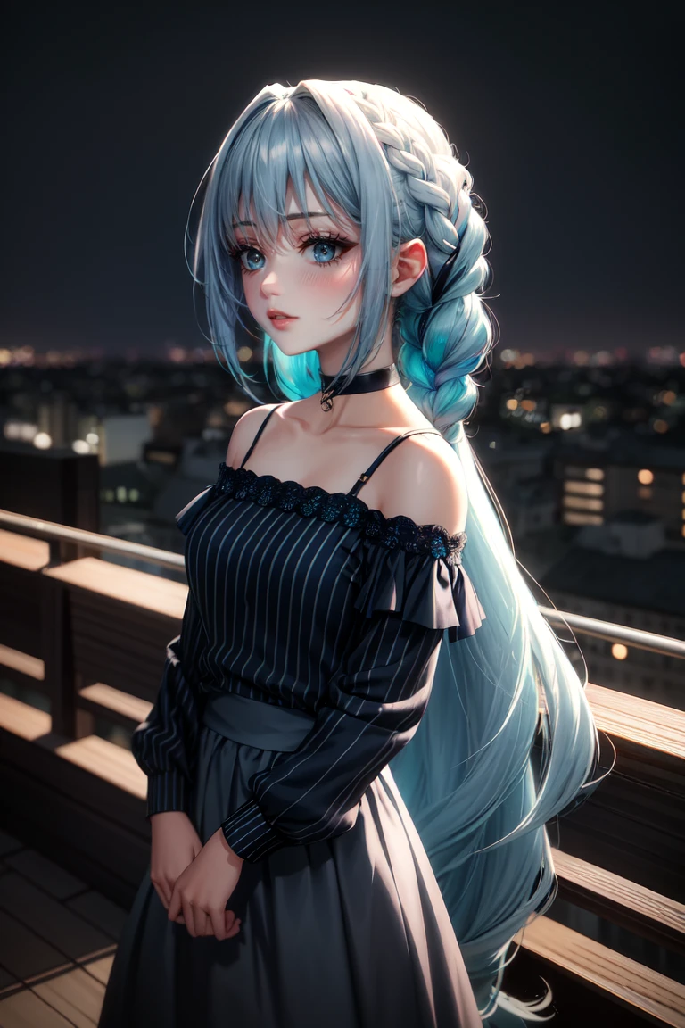 Highly detailed and realistic, soft lighting, cool tones. A girl with long, flowing hair (gradient of dark blue and teal) sways gently in the wind on a rooftop. Her hair, slightly tousled yet elegant, bathes in soft sunlight, with subtle reflections bringing out the various shades of blue. She has pale, flawless skin, soft makeup, a hint of blush, and her naturally parted lips are slightly open. She looks down and shy, exuding a calm, introspective vibe. She wears a delicate choker and a simple, dark, off-the-shoulder top, amplifying her serene, atmospheric presence.

The scene is shot from the waist up as if it were taken with a smartphone's colored lens, exuding an intimate, candid atmosphere. The background shows a rooftop, with the girl standing out against a blur of minimalist city structures. A soft breeze blows her long, wavy hair, subtly intertwined with intricate braids, highlighting her dreamy look. Her eyelashes are tinted, enhancing the overall dreamy atmosphere. A rooftop railing and a cityscape in the distance are visible, and the cool ambient light of an overcast sky creates a serene atmosphere. The overall mood is introspective and peaceful, with her multi-coloured hair contrasting beautifully against the serene urban backdrop.