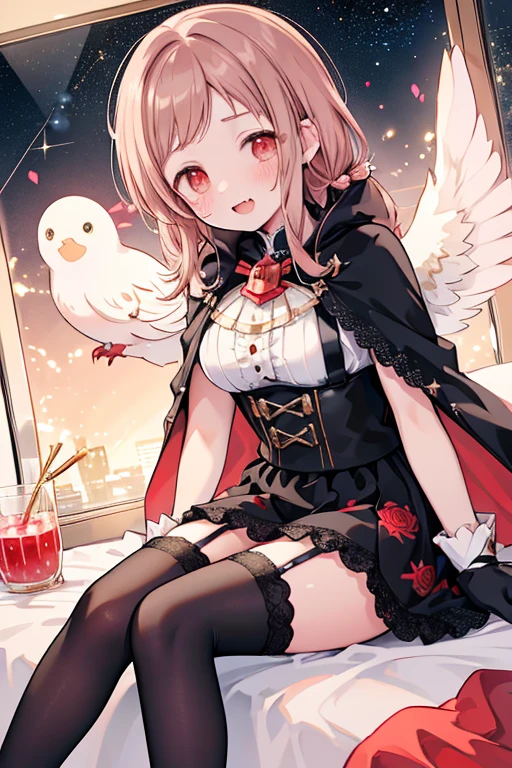 Sakuragi Mano, (fangs : 1.38),　vampire, ((Mega Breasts)),　(Black lace knee socks : 1.5),　 (garter belt),　((Black Fishtail Skirt)),　(((Starry Sky))), Absolute territory,　Red eyes,　smile, 　(Midnight),　　Princess,　　Fluffy,　(Healing),　　 hair accessories ,　　((Red Cape)),　corset,　(((Gold trim))), (((gold star print))), (red star print),　bedroom, (black gloves : 1.5),　 sitting on bed, Frills,　 ((a little white pigeon)), ((feathers)),　brooch, Holding a stuffed bird toy,　Crewneck, (((red juice in a glass))), (((wariza))), medium hair, best quality, masterpiece, blush, red rose, flowerpot, white blouse, ((spoken heart)), (((Pink heart effects))), ((red rose accessory)), pigeon's blood ruby accessory, , dark, (((light brown hair))), 　outside curling hairstyle, side fringe, (forehead : 1.28), stand collar, dragon wing, left-right symmetry fashion,