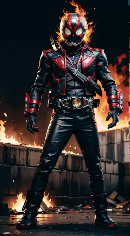 ((kamen rider, shinkr, ghostrider, wearing leather jacket, leather pants)), (burning head), kamen, (standing), full body detailed, detailed hands, good fingers, good hands, good legs, red scarf, low hood, ((epic burning city)), ruins, floating, explosion, debris, some fire and glitter background, ultra hd, ultra realistic texture, (flare lens:1.2), (long shot:0.9)