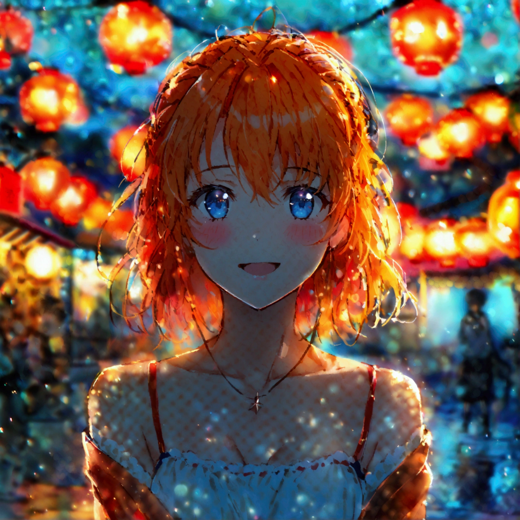 one girl, Ryuuguu_Rena cute, Orange hair, blue ocean eyes, open mouth smile, blush,  small breasts , neckline .school uniform clothing,  traditional japanese town, midnight sky, bokeh, red lantern lights, light orbs