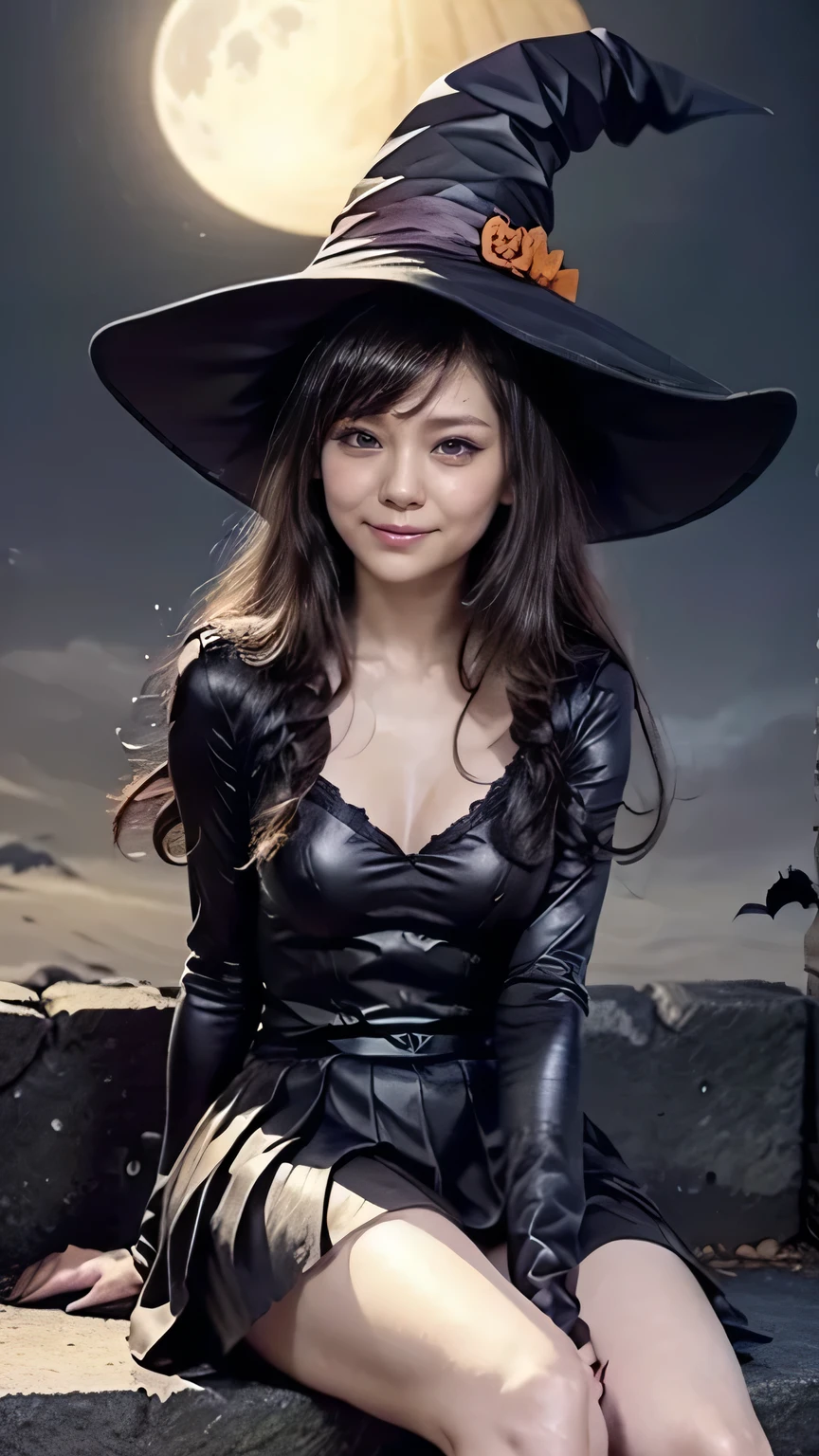  Halloween Night:1.3、(Woman Sitting on Stairs :1.2、witch、(Squint your eyes and laugh:1.5、 big smile ))、(( Halloween cosplay、Black pointed hat、witch costume、 pleated skirt:1.2)、 cleavage)、(front、View from directly above)、(Realistic、 as in the picture 、live-action、8k, Realistic, RAW photo, Highest quality: 1.4),  SLR camera 、RAW photo, Best Quality, Realistic,  Highly Detailed CG Unity 8k Wallpaper,  the depth of the boundary written , Cinematic Light,  lens flare ,  ray tracing, Realistic background、(( super dense skin ))、 after school、(whole body:1.5)、(Long Hair:1.2、  Hair Blown in the Wind :1.4)、i like that style、 stylish、 very detailed、  pay attention to the details 、Perfect outfit、( tanned skin)、Accurate hands、Accurate legs、 Detailed hands and fingers 、  anatomically correct body  、Thin legs、 thin thighs、 small breasts、 very detailedな顔