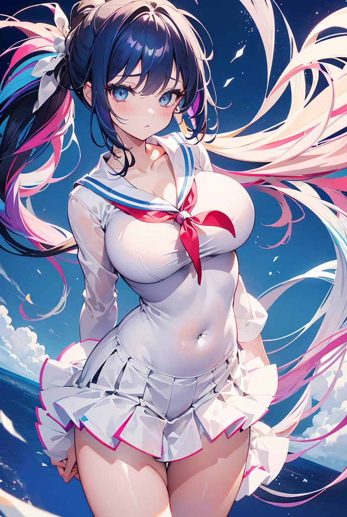  1 girl,  high resolution, Best Quality,  anatomically correct ,  ponytail,  ((colorful hair)), (((Big round beautiful breasts ))) Slim abdomen　Thin legs　White sailor suit　 miniskirt in length