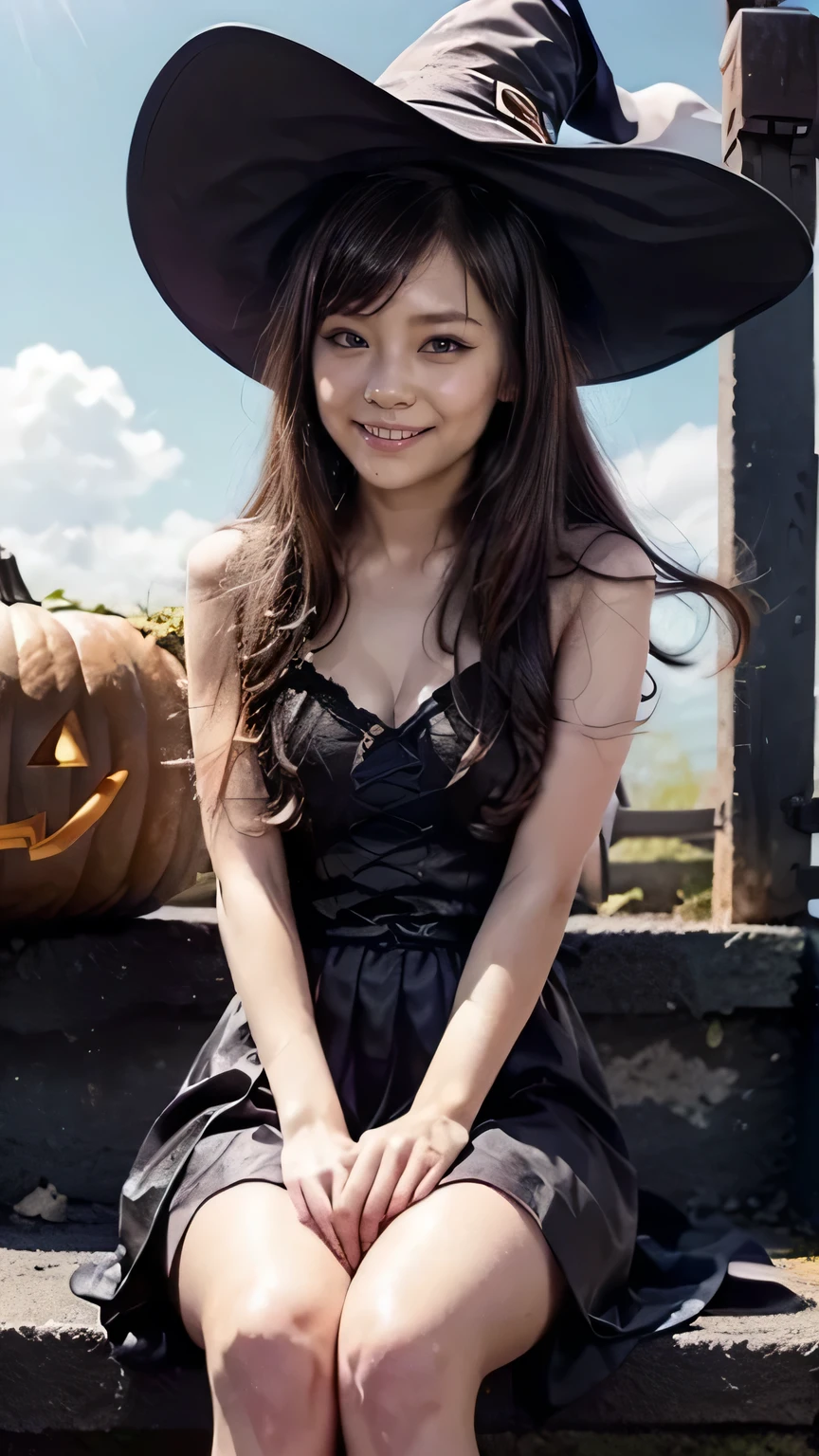  Halloween Night:1.3、(Woman Sitting on Stairs :1.2、witch、(Squint your eyes and laugh:1.5、 big smile ))、(( Halloween cosplay、Black pointed hat、witch costume、 pleated skirt:1.2)、 cleavage)、(front、View from directly above)、(Realistic、 as in the picture 、live-action、8k, Realistic, RAW photo, Highest quality: 1.4),  SLR camera 、RAW photo, Best Quality, Realistic,  Highly Detailed CG Unity 8k Wallpaper,  the depth of the boundary written , Cinematic Light,  lens flare ,  ray tracing, Realistic background、(( super dense skin ))、 after school、(whole body:1.5)、(Long Hair:1.2、  Hair Blown in the Wind :1.4)、i like that style、 stylish、 very detailed、  pay attention to the details 、Perfect outfit、( tanned skin)、Accurate hands、Accurate legs、 Detailed hands and fingers 、  anatomically correct body  、Thin legs、 thin thighs、 small breasts、 very detailedな顔